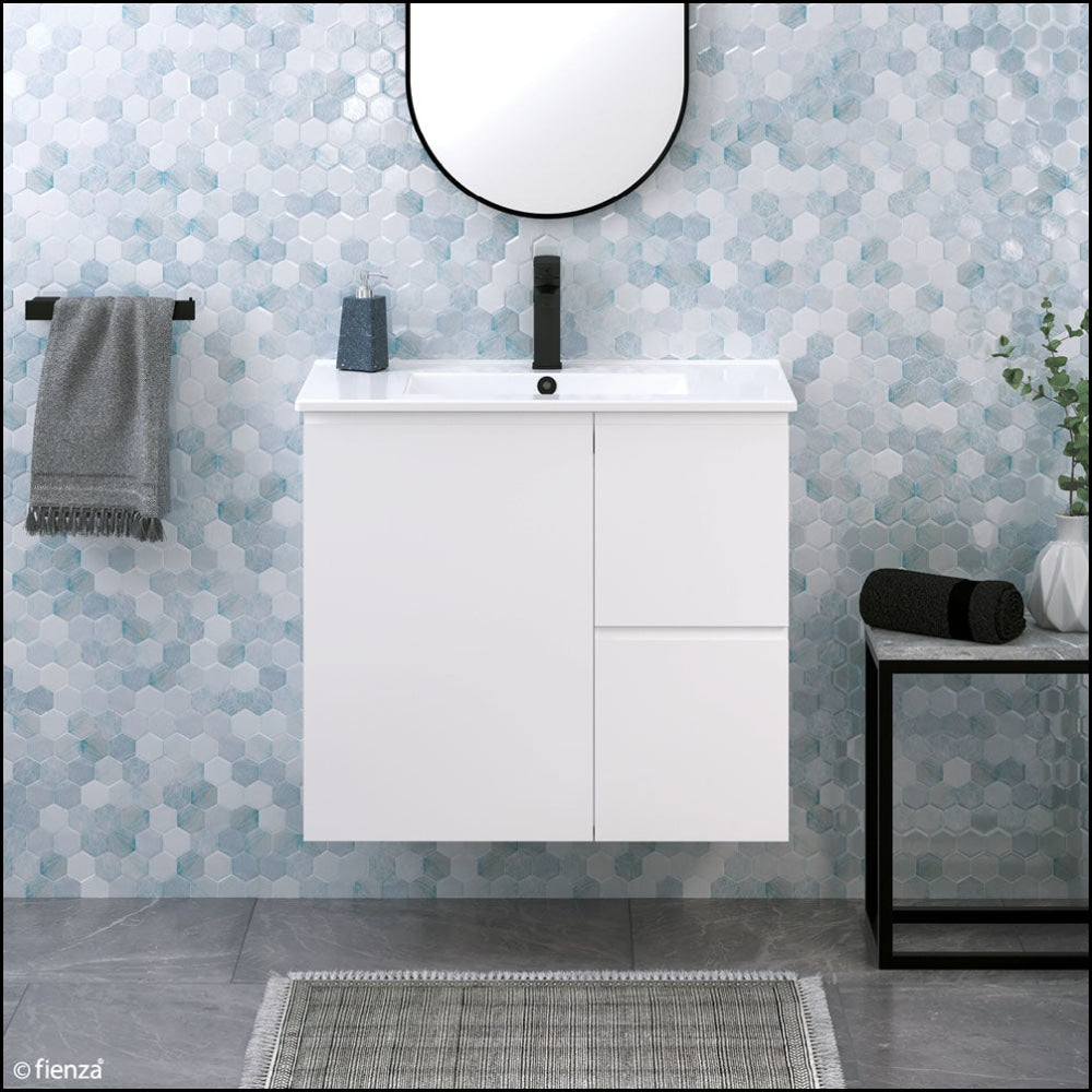 Fienza Siska 75DFL Slim 750mm White Wall Mounted Bathroom Vanity with Left Drawers - Perfect for Small Bathrooms & Modern Home Decor