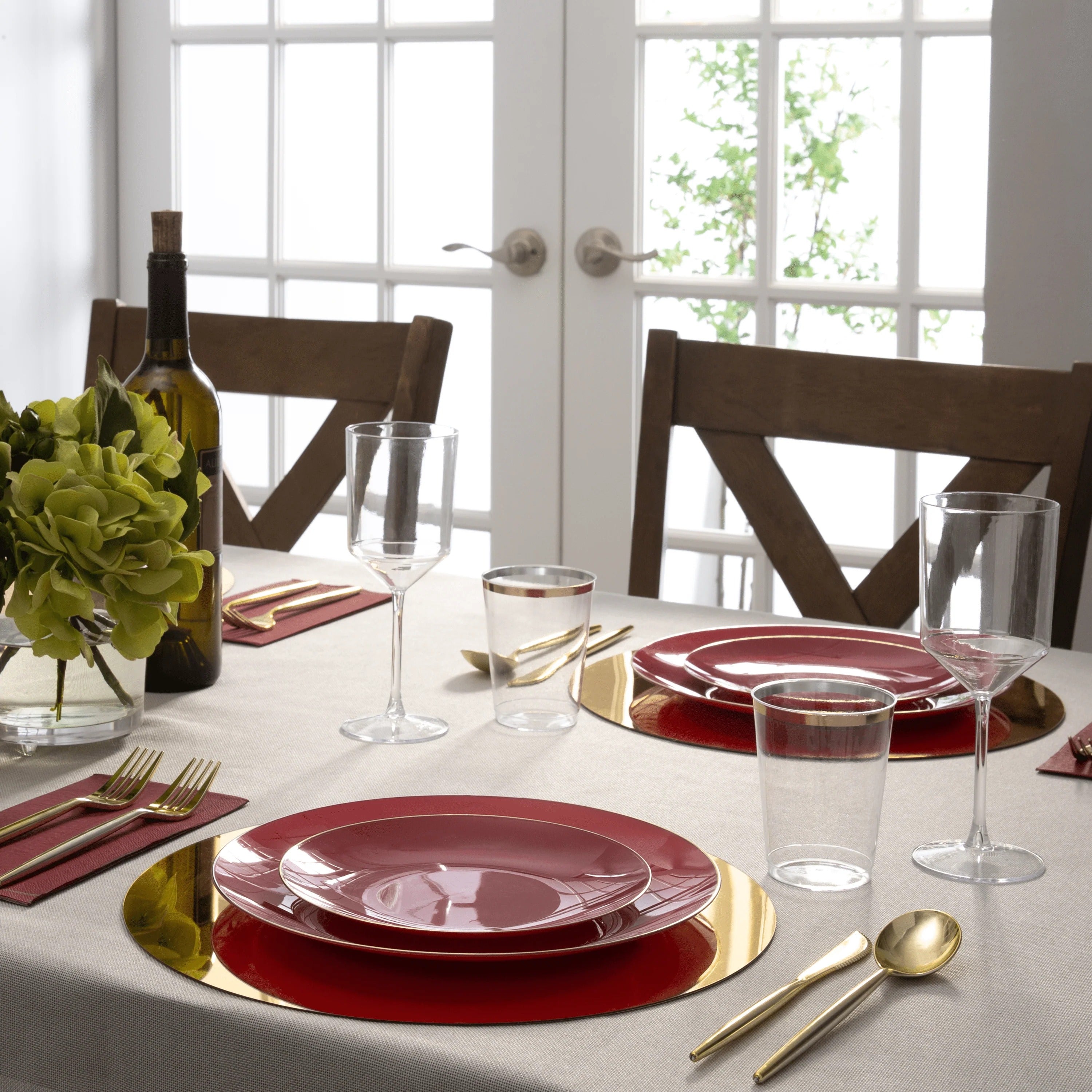 Organic Cranberry Red & Gold Rim Round Plastic Plates - Elegant Disposable Dinnerware for Parties, Weddings & Holiday Gatherings