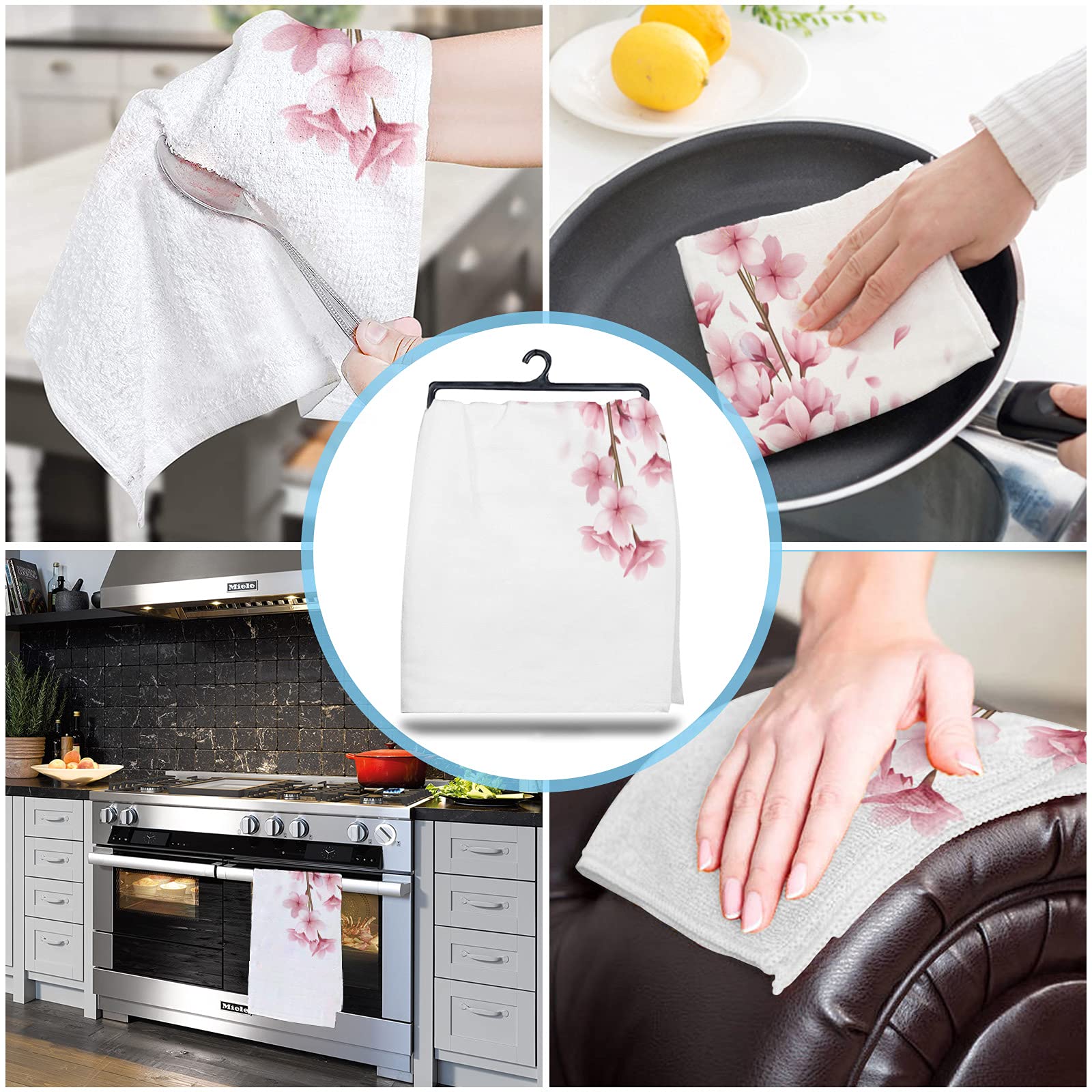 Premium Microfiber Kitchen Towel Set - 4 Pack Fast Drying Dish Cloths with Cherry Blossom Design (18x28 Inch) - Perfect for Cooking, Cleaning, Bar Use & Hand Drying - Pink Floral Pattern on White Background