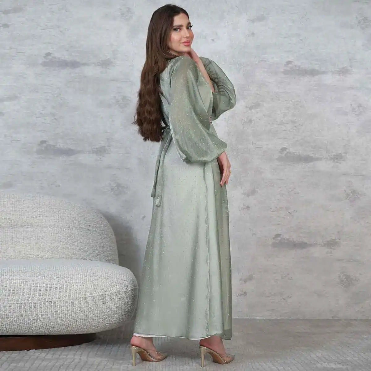 2-Piece Hotfix Rhinestone Caftan Dress Set with Inner Sleeveless Dress #25453 - Elegant Beach Cover Up, Evening Gown & Summer Party Wear for Women
