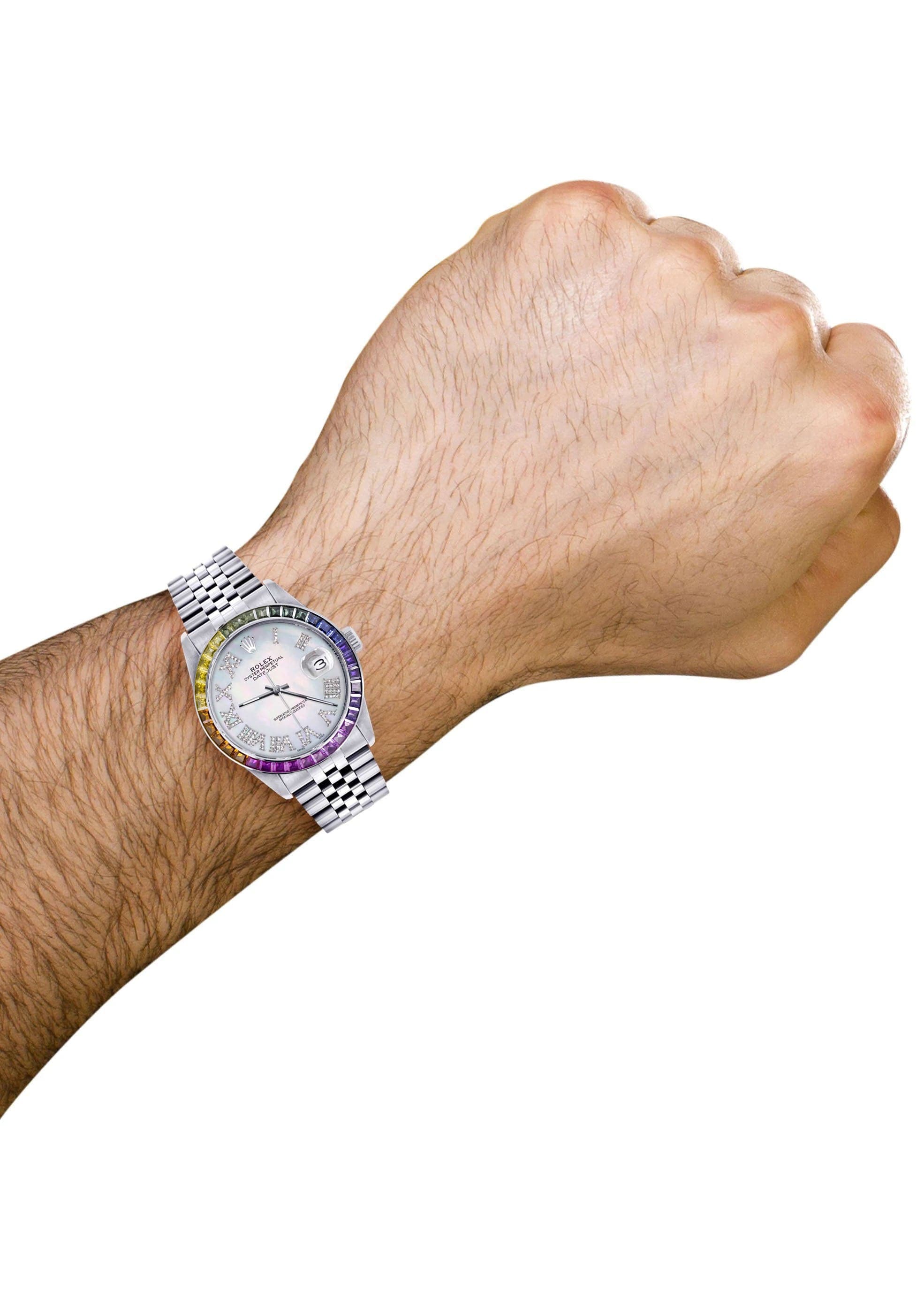 Luxury Diamond Gold Rolex Watch For Men 16200 | 36mm Stainless Steel | Rainbow Sapphire Bezel | Mother of Pearl Roman Dial | Jubilee Bracelet | Perfect for Gifts, Weddings & Special Occasions