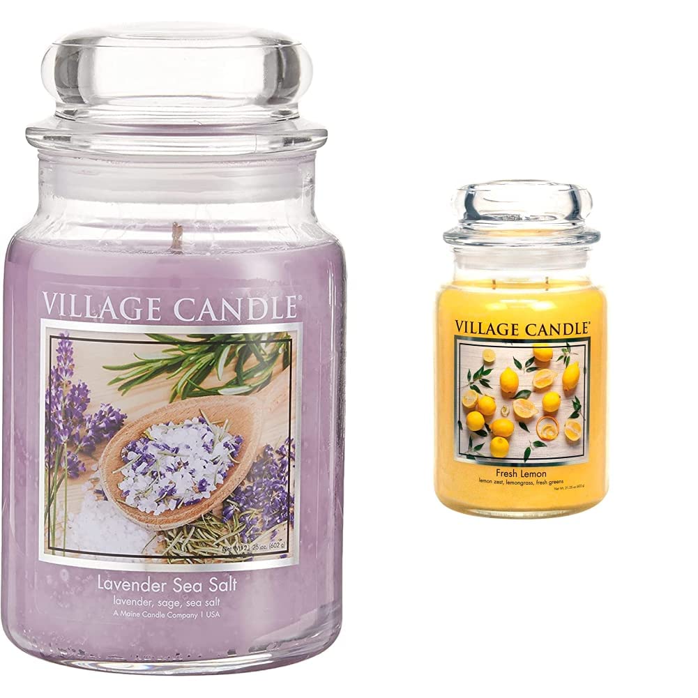 Village Candle Lavender Sea Salt & Fresh Lemon Scented Candles - 21.25 oz Large Glass Apothecary Jar - Purple & Yellow - Relaxing Aromatherapy for Home, Spa & Bedroom Decor
