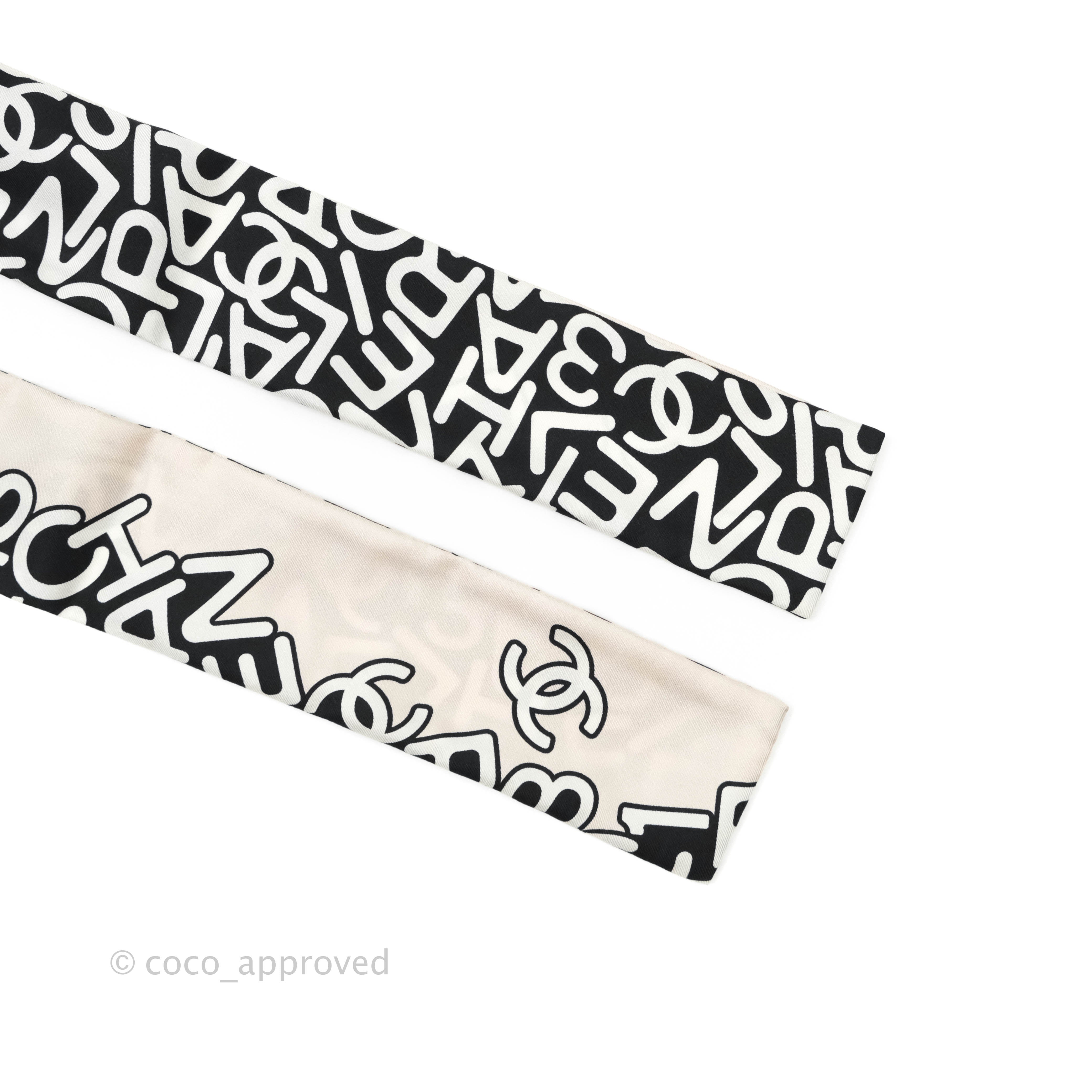 Chanel CC Silk Twilly Scarf in Black & Pale Beige - Luxury Fashion Accessory for Women, Perfect for Handbags, Hats & Gift Giving