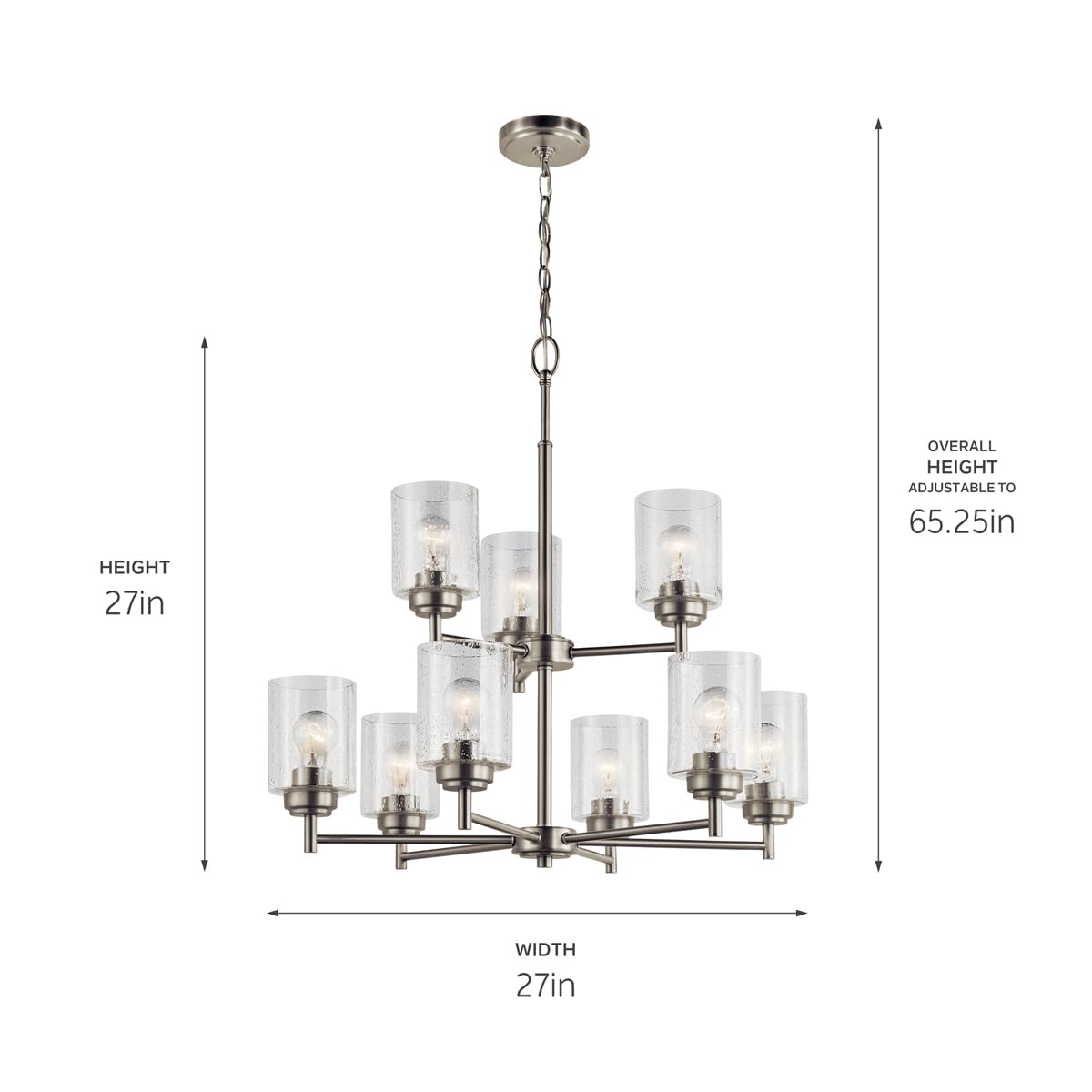 KICHLER Winslow 27-Inch 9-Light 2-Tier Chandelier with Clear Seeded Glass in Brushed Nickel - Elegant Dining Room & Foyer Lighting Fixture