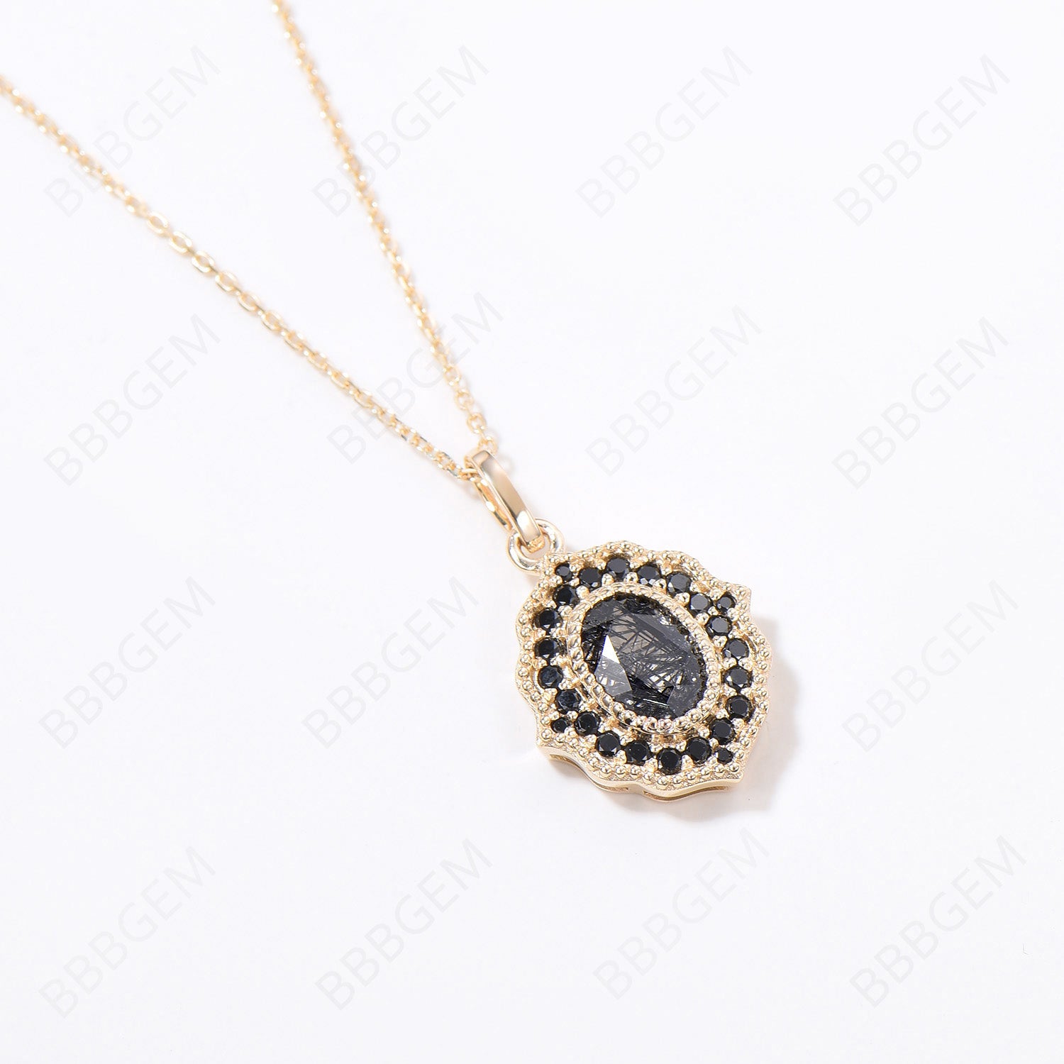 Vintage Black Rutilated Quartz Halo Necklace - 14K Solid Gold Natural Black Gemstone Pendant with Black Spinel - Antique Milgrain Layered Necklace for Women - Perfect for Weddings, Parties & Special Occasions