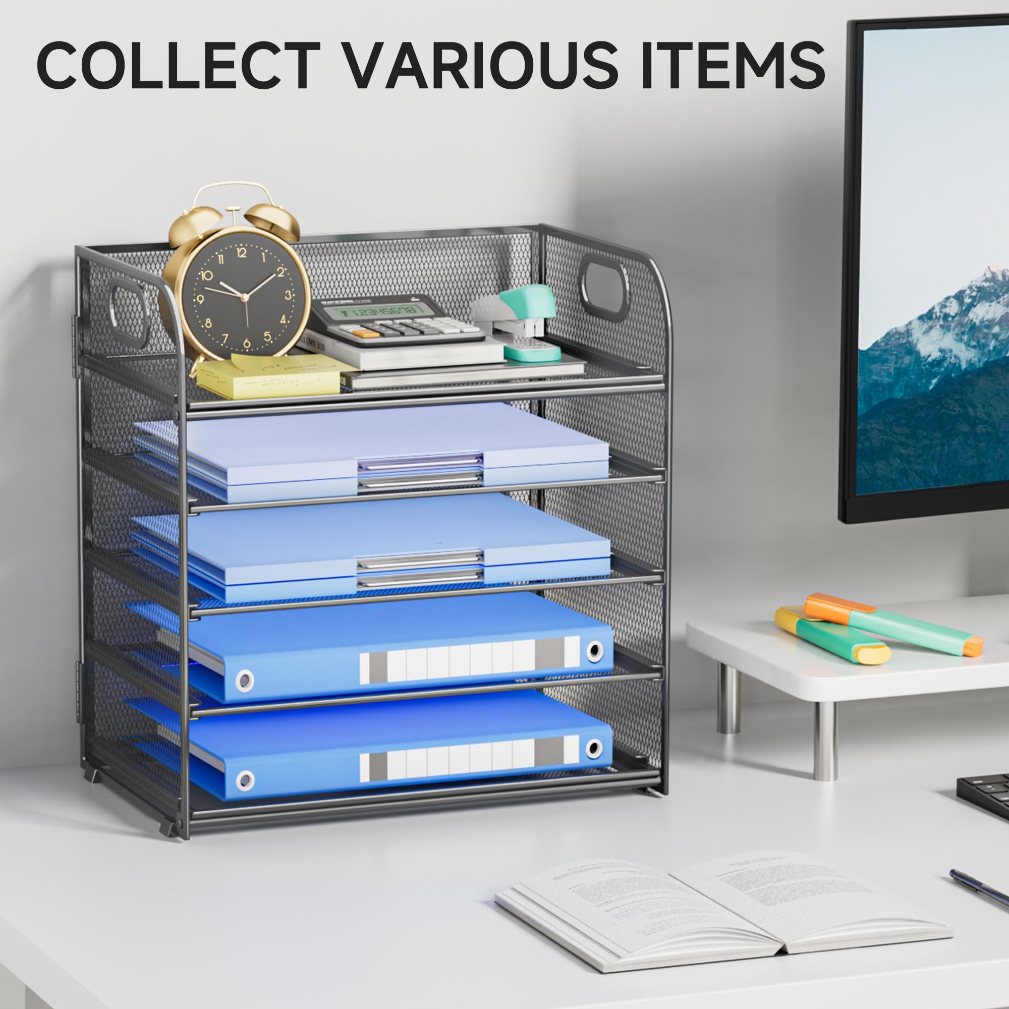 5 Tier Mesh Paper Organizer with Handle - Grey Office Desk File Sorter, Letter Tray for Home & Office Supplies | Perfect for Organizing Documents, Mail, and Office Essentials