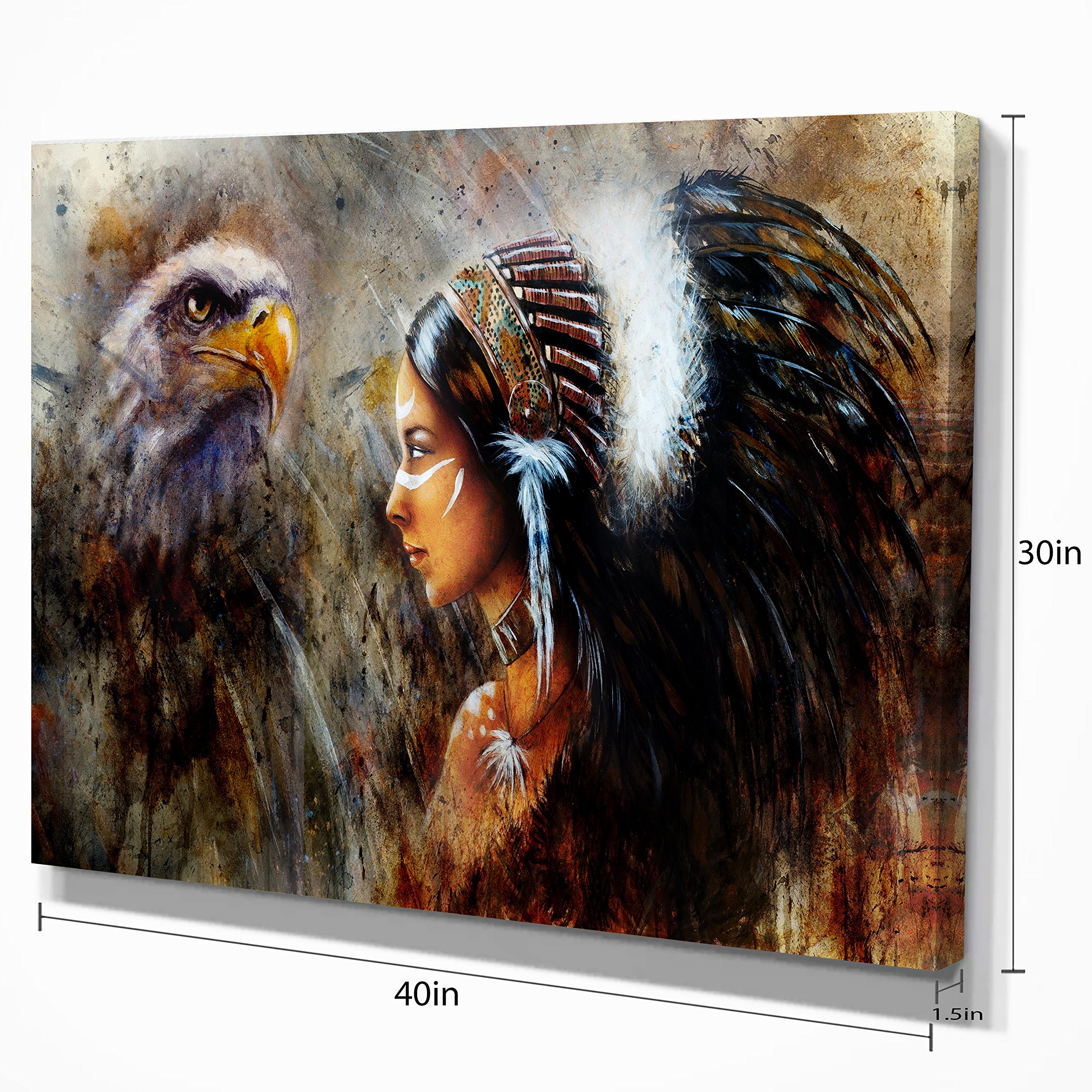 Authentic Indian Woman with Feather Headdress Canvas Art - Native American Wall Decor for Living Room, Bedroom & Office
