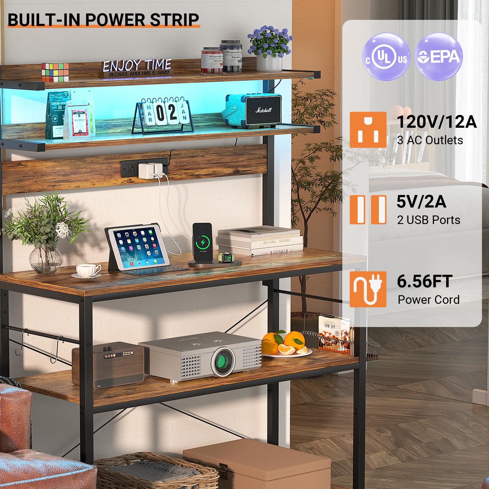 Aheaplus 5-Tier Bakers Rack with Power Outlet & LED Lights - Microwave Stand, Coffee Bar Station, Kitchen Storage Shelf with 6 S-Hooks - Rustic Brown - Perfect for Small Kitchens, Coffee Bars & Pantry Organization