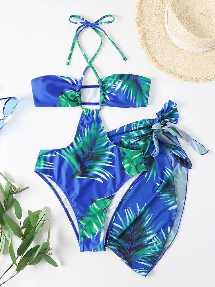 Stylish Miami Print 2-Piece Swimsuit with Skirt Set - Sexy Blue Tropical Bikini & Cover Up for Beach Vacation, Pool Party & Summer Getaways