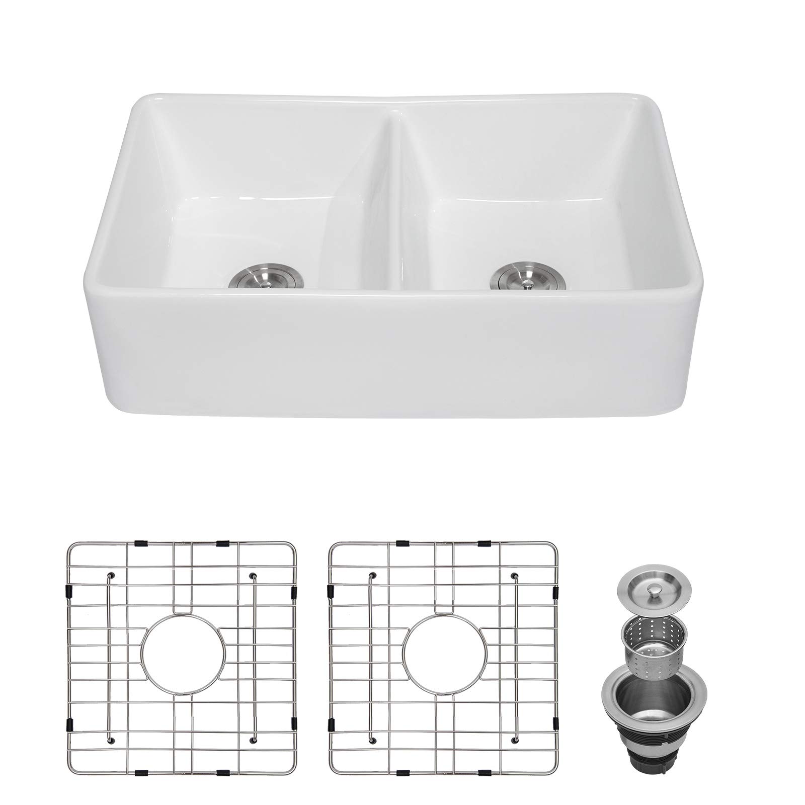 32x20 Inch White Farmhouse Kitchen Sink - GhomeG Double Bowl 50/50 Apron-Front Porcelain Ceramic Fireclay Sink (32x20x9 Inch) - Perfect for Rustic Kitchens, Country Homes & Modern Farmhouse Decor