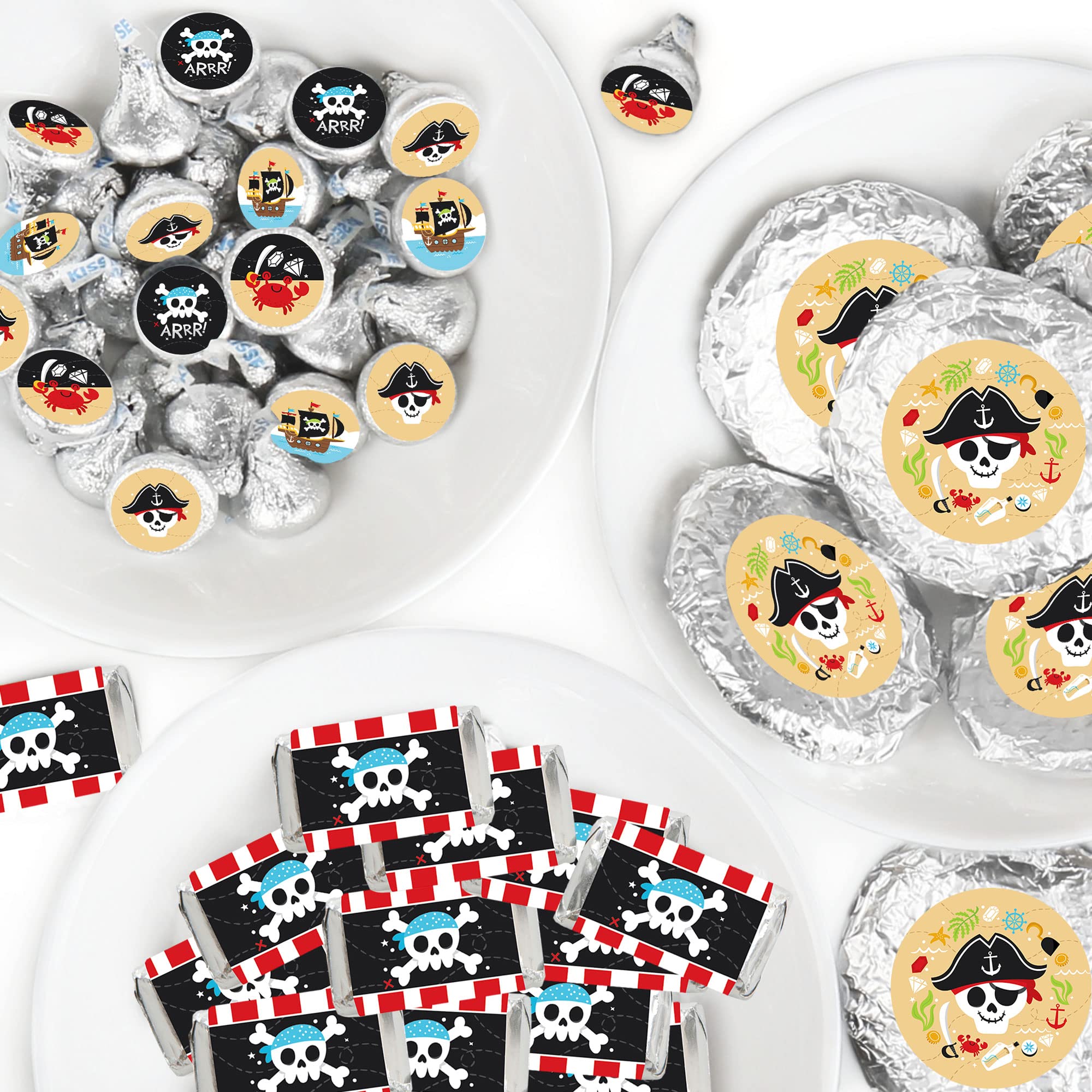 Big Dot of Happiness Pirate Ship Adventures - 304-Piece Mini Candy Bar Wrappers, Round Candy Stickers & Circle Stickers for Skull-Themed Birthday Parties - Perfect for Halloween Favors, Pirate Party Decorations & DIY Candy Packaging