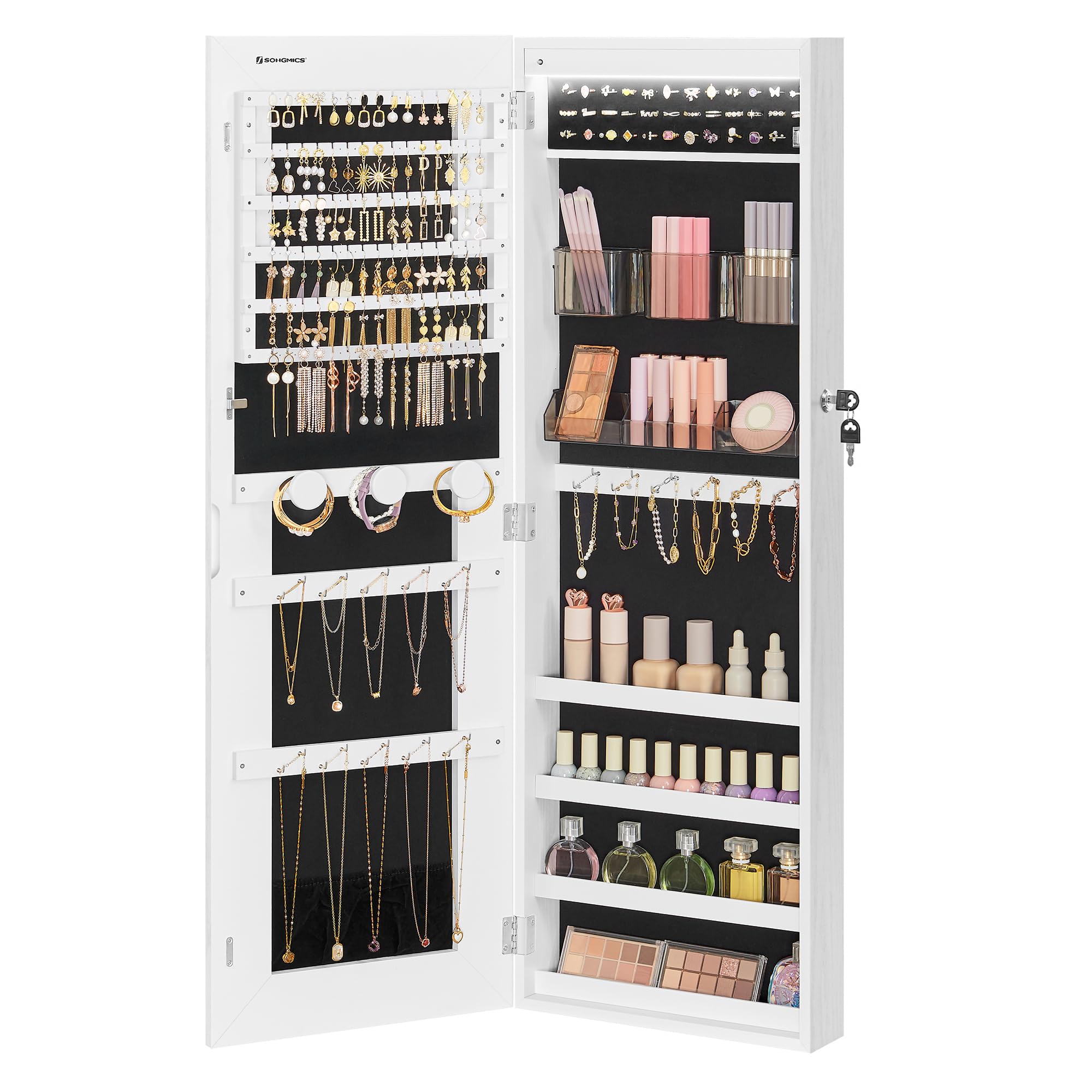 SONGMICS LED Mirror Jewelry Cabinet Armoire with 2 Cosmetic Organizers - Wall/Door Mounted Lockable Jewelry Storage Organizer, Frameless Mirror Cabinet for Bedroom, Bathroom & Dressing Room - White UJJC011W01