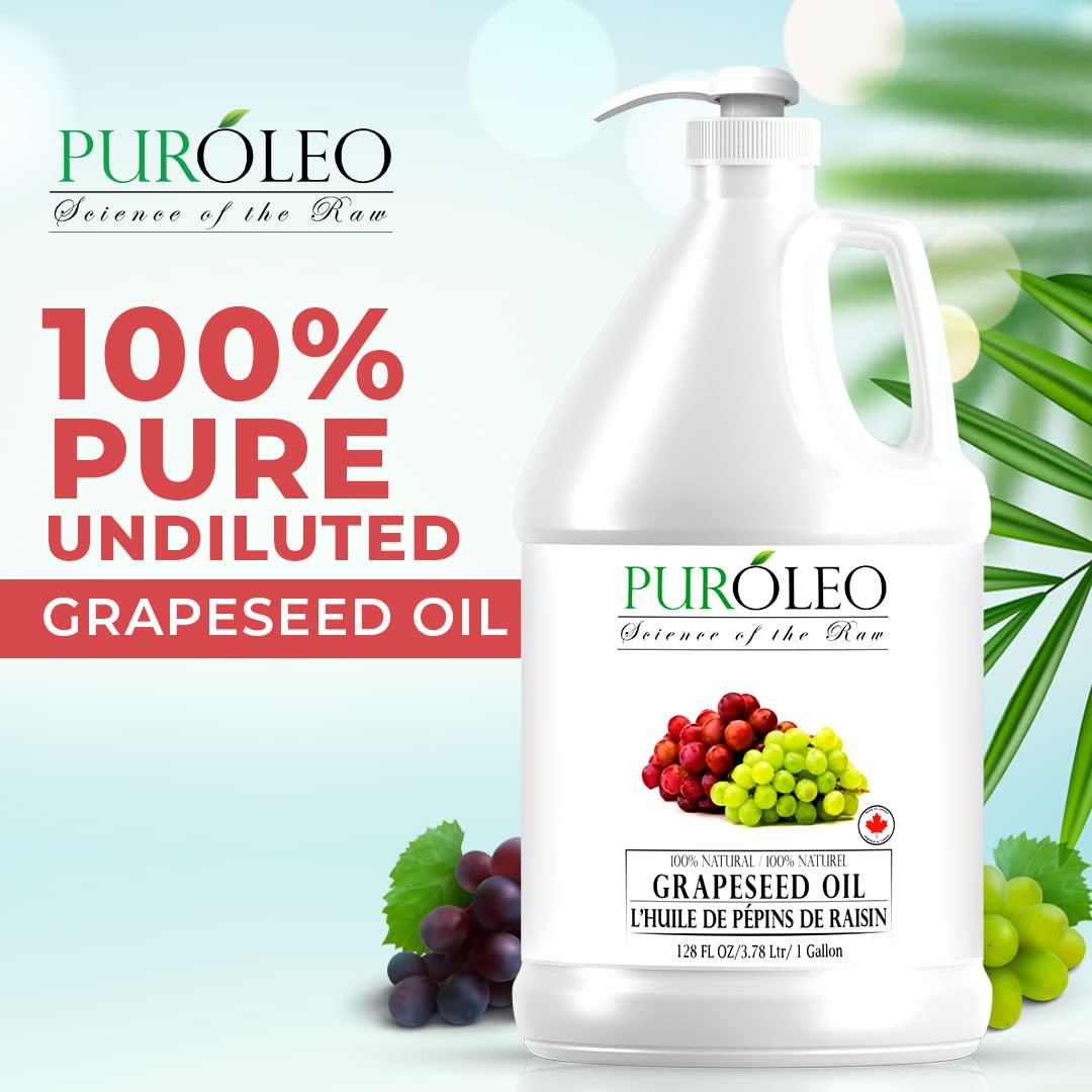 100% Pure Grapeseed Oil 128 Fl Oz (1 Gallon) - 3784ml Natural Moisturizer & Carrier Oil for Massage, Hair Care, Skin & Baby | Packed in Canada | Perfect for Aromatherapy, DIY Beauty & Cooking