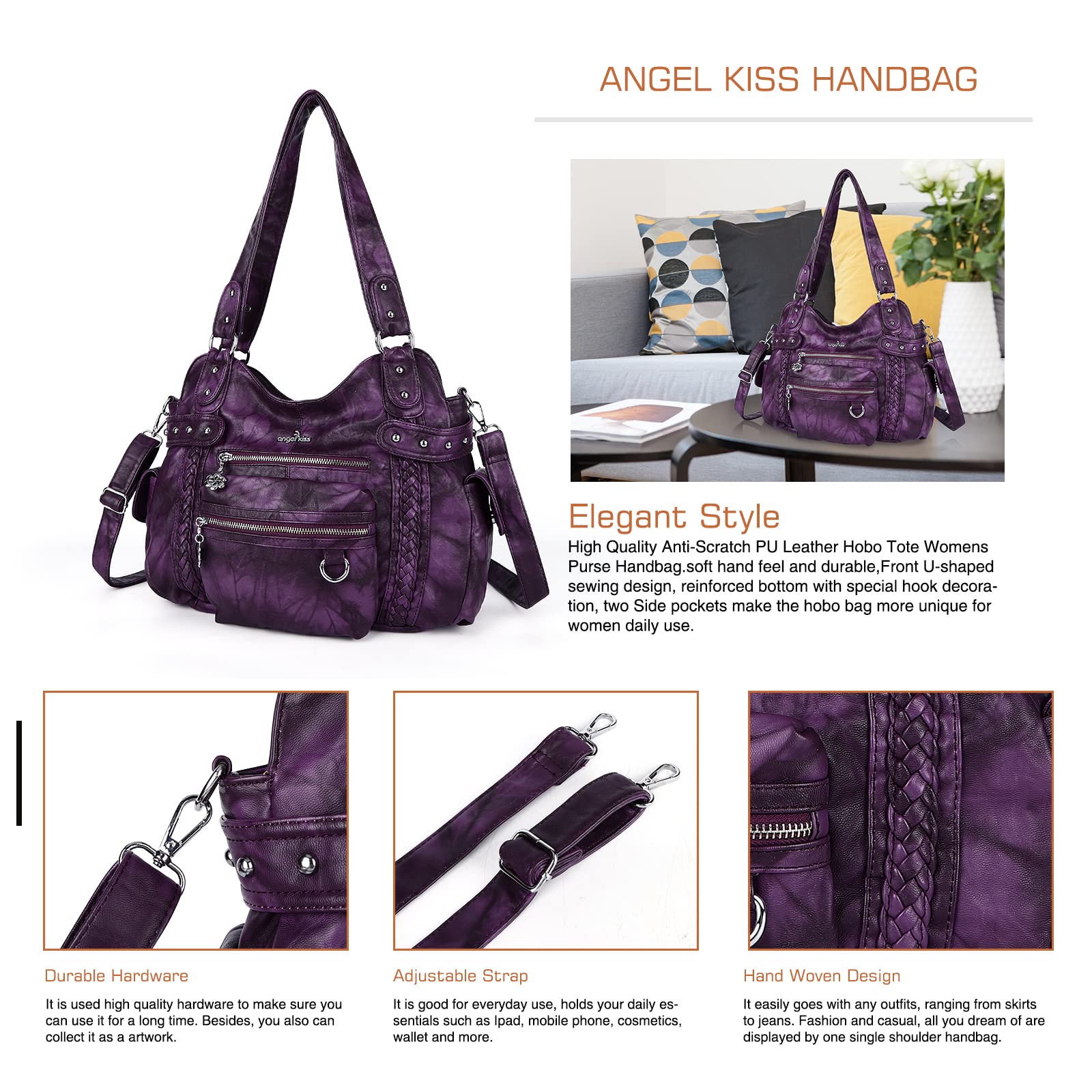 Angel Kiss Hobo Handbags for Women - Soft PU Leather Shoulder Bags & Ladies Purses - Perfect for Work, Travel and Everyday Use