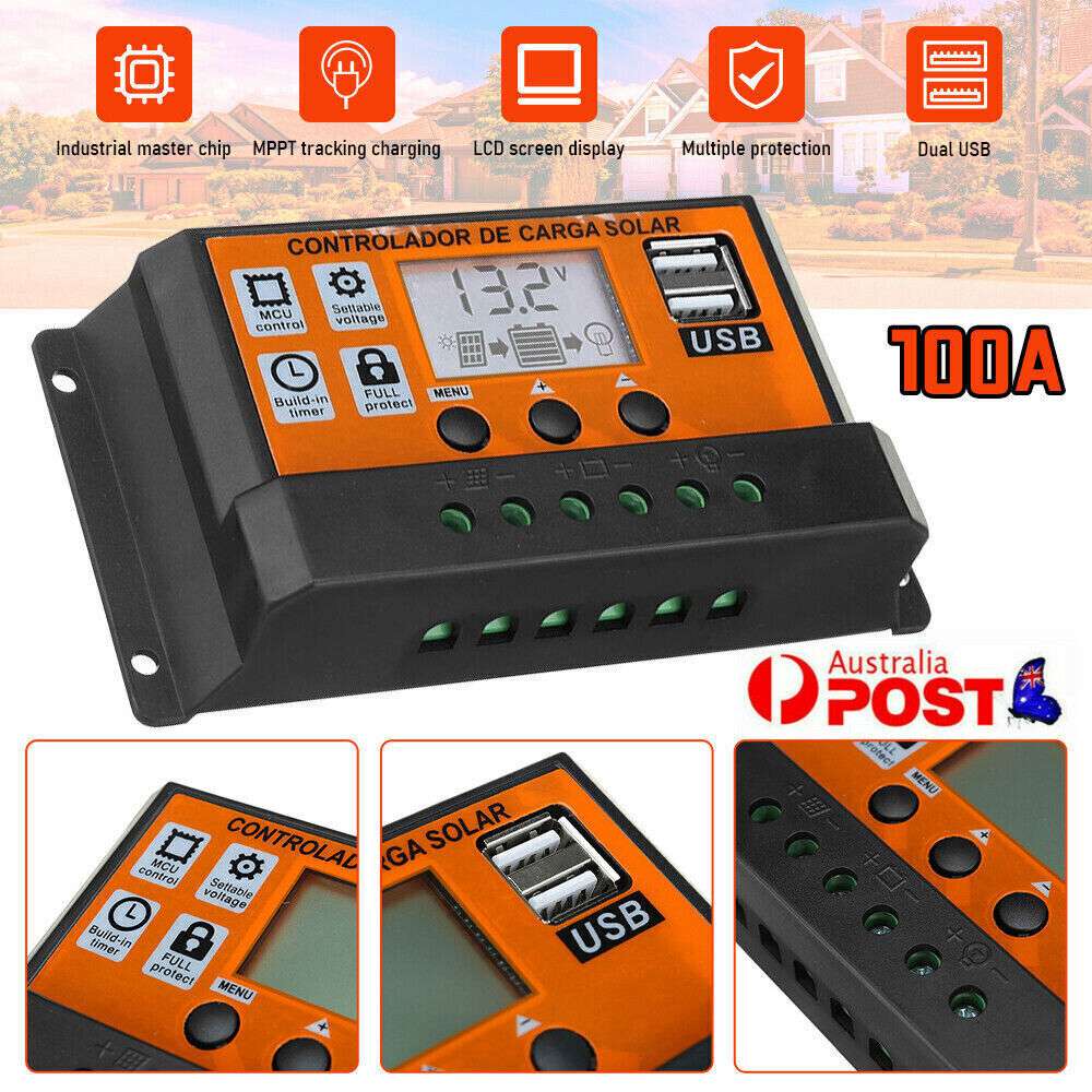 100A PWM Solar Charge Controller with LCD Display - 12V/24V Dual USB Ports for Solar Panel Battery Regulator - Perfect for RV, Marine, Off-Grid & Home Solar Power Systems