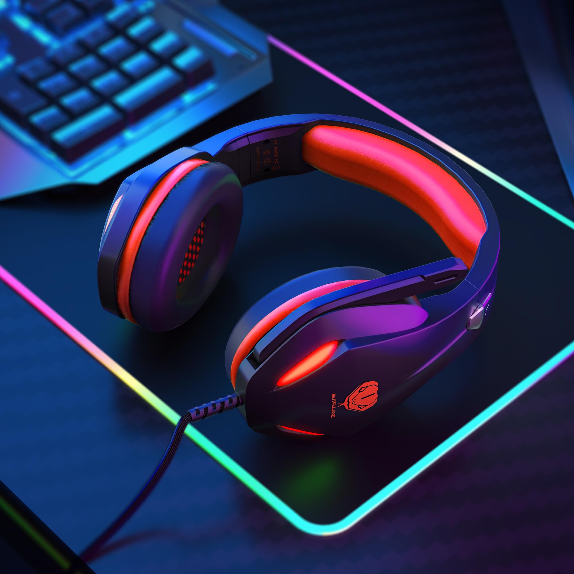 Butflake Gaming Headset with Noise Canceling Mic - Wired Over-Ear Headphones with Crystal Clear Sound & LED Lights for PC, PS4, PS5, Xbox One, Laptop - Lightweight Comfortable Red Gaming Headset for Pro Gamers & Streamers