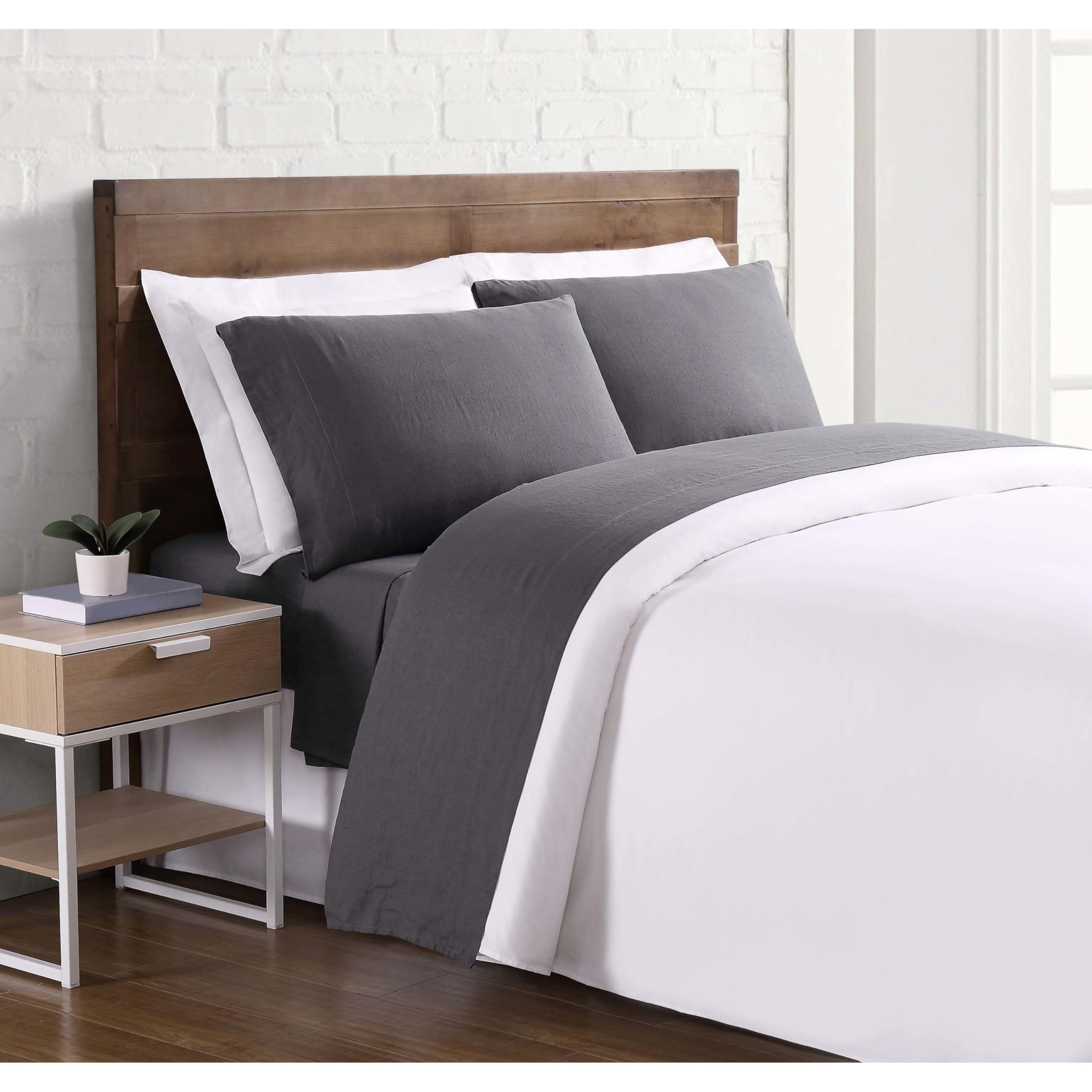 Brooklyn Loom 100% Linen Sheet Set - Queen Size 4-Piece, Charcoal Gray, OEKO-TEX Certified Organic Bedding for Men & Women - Perfect for All-Season Comfort, Luxury Hotel Style Bedroom Upgrade