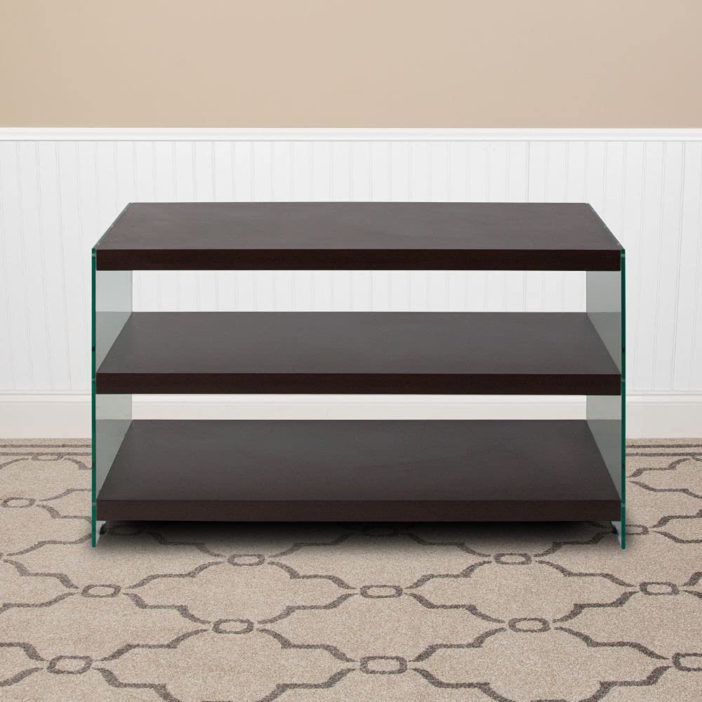 Flash Furniture Wynwood Collection Dark Ash Wood Grain TV Stand with Shelves & Glass Frame - Perfect for Living Room, Bedroom & Home Theater Entertainment Centers