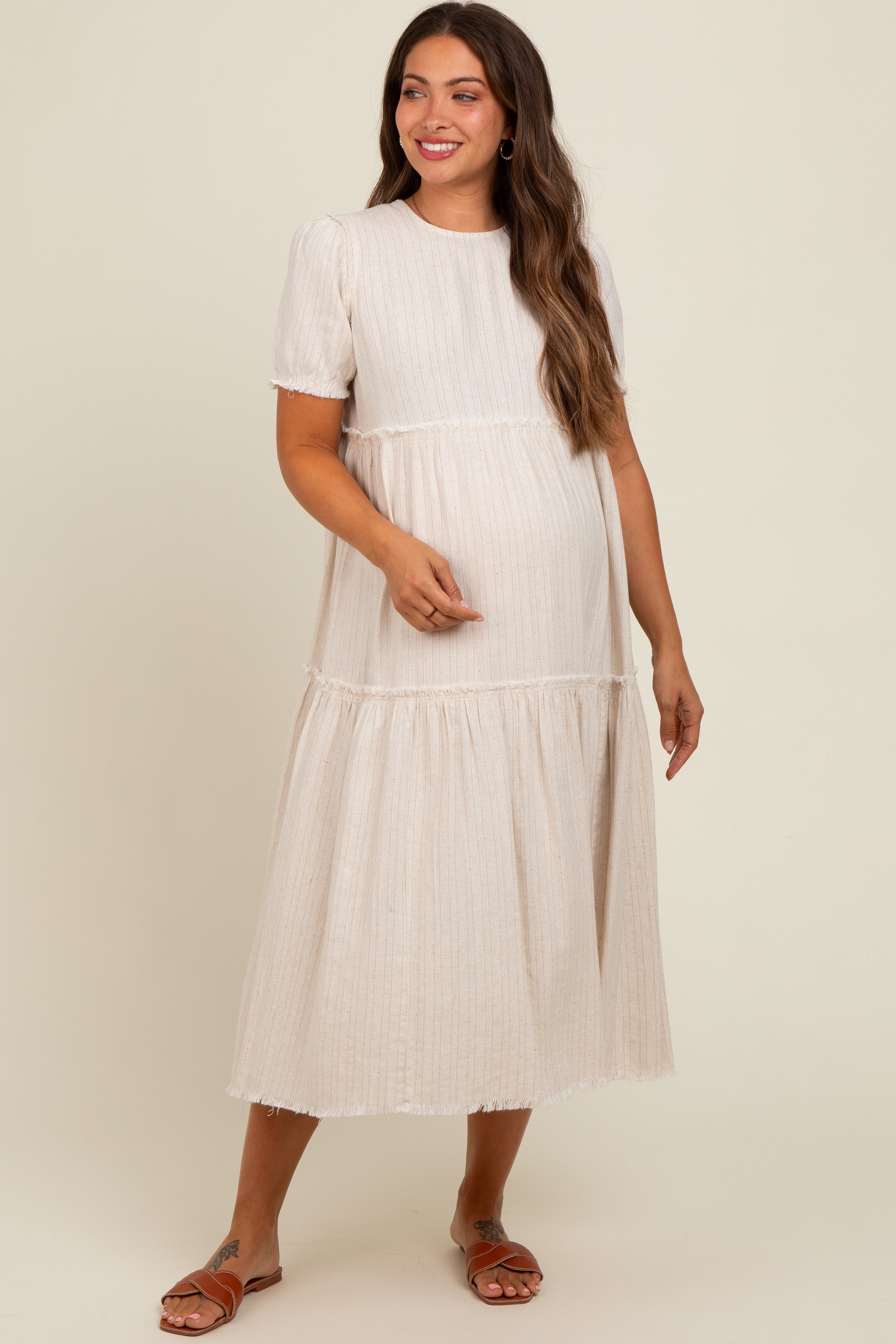 Beige Striped Fringe Accent Tiered Maternity Maxi Dress for Pregnancy, Nursing & Special Occasions | Comfortable Flowy Long Dress for Baby Shower, Beach & Summer Vacation