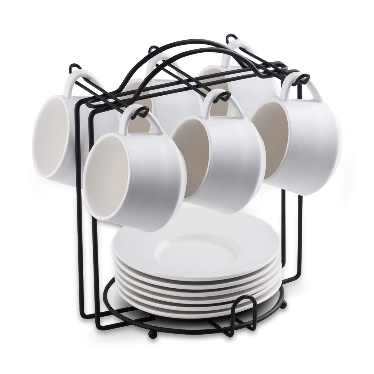 YHOSSEUN 6-Piece White Espresso Cup Set with Saucers & Metal Stand - 4 oz Cappuccino & Tea Cups for Coffee Lovers, Tea Parties, and Home Decor