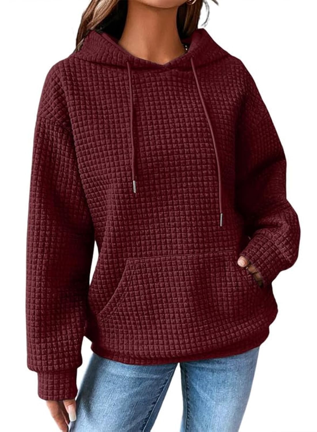 SHEWIN Women's Casual Long Sleeve Hooded Sweatshirt with Drawstring & Pocket - Loose Waffle Pullover Top for Everyday Wear, Street Style & Outdoor Activities