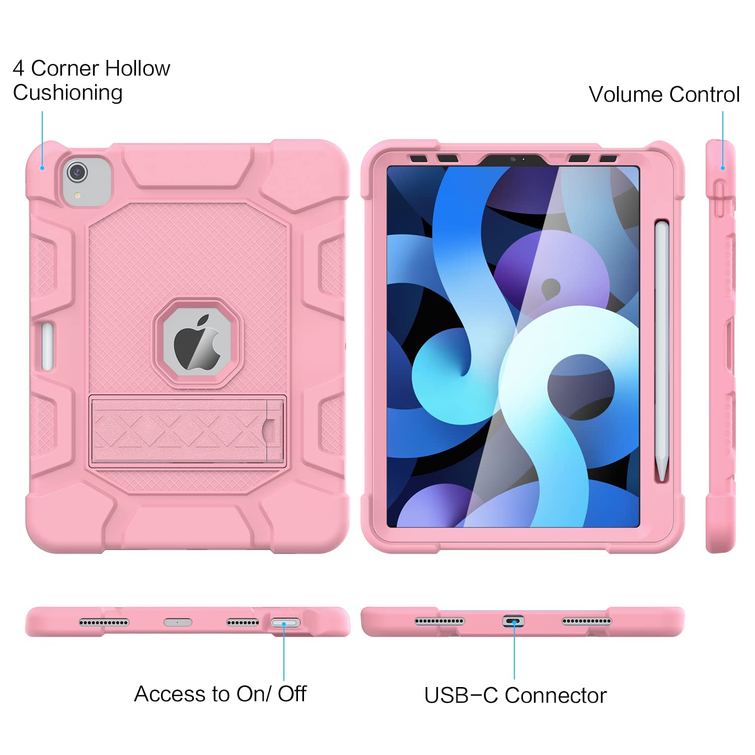 Shockproof Kids Case for iPad Air 5th/4th Generation 10.9 Inch (2022/2020 Model) - Heavy Duty Rugged Protective Cover with Apple Pencil 2nd Gen Charging Support - Rose Gold | Perfect for School, Travel & Outdoor Activities