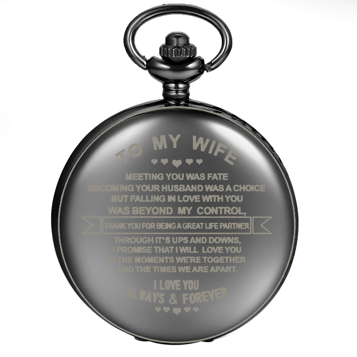 JewelryWe Men's & Women's Vintage Pocket Watch - Black Polished Quartz Pendant Necklace Watch with Chain, 'To My Love' Engraved Pattern - Perfect for Weddings, Anniversaries & Romantic Gifts