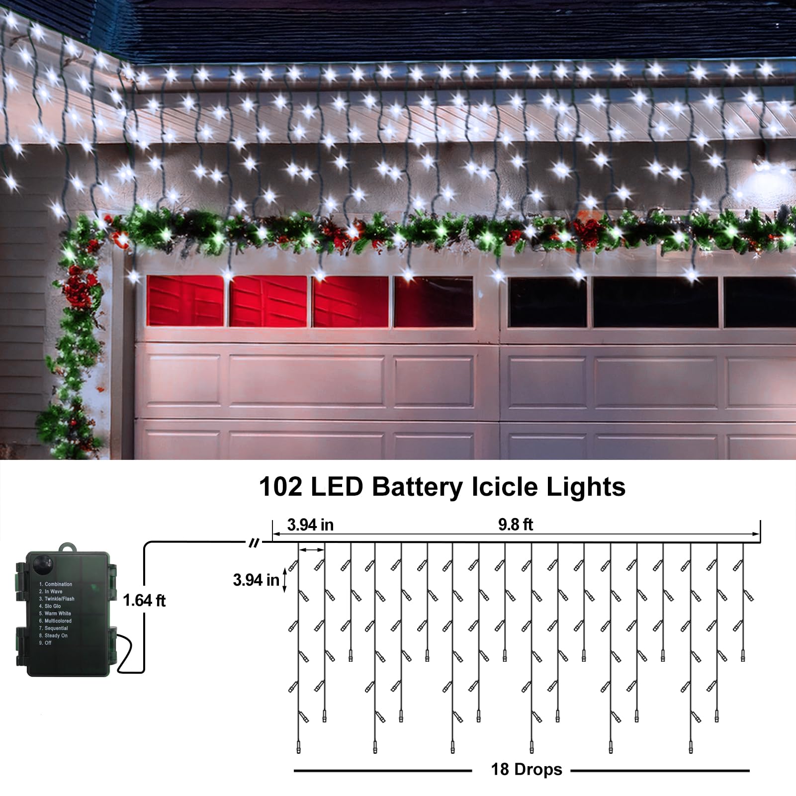 102 LED White Icicle Christmas Lights with Timer - 10Ft Outdoor Waterproof String Lights, Dimmable Fairy Lights with 18 Drops & Green Wire for Porch, Roof, Eave - Perfect for Holiday Decor, Party, and Winter Home Decoration