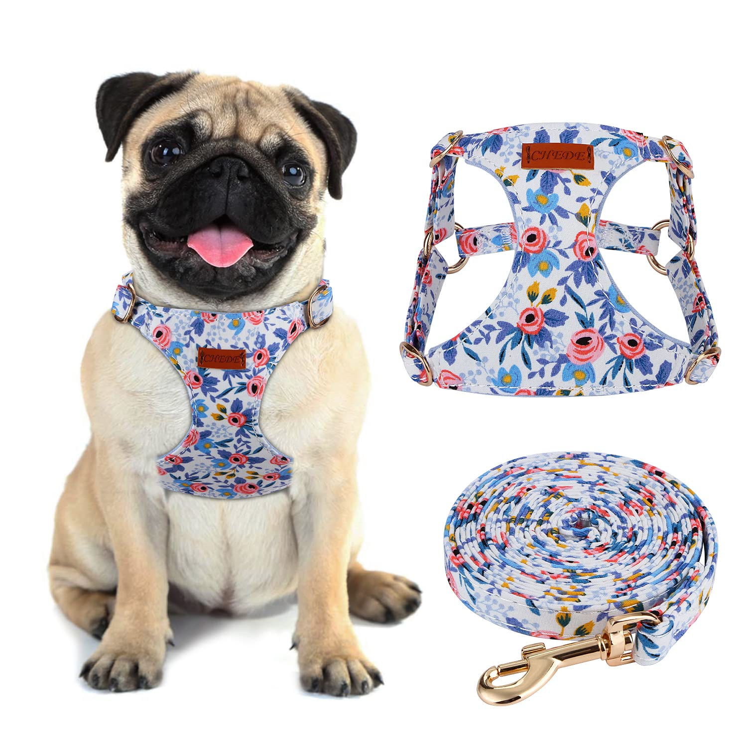 CHEDE No Pull Floral Dog Harness - Adjustable Soft Pet Vest for Small & Medium Dogs with Matching Leash (M, Blue Rose) | Perfect for Walking, Training & Outdoor Adventures