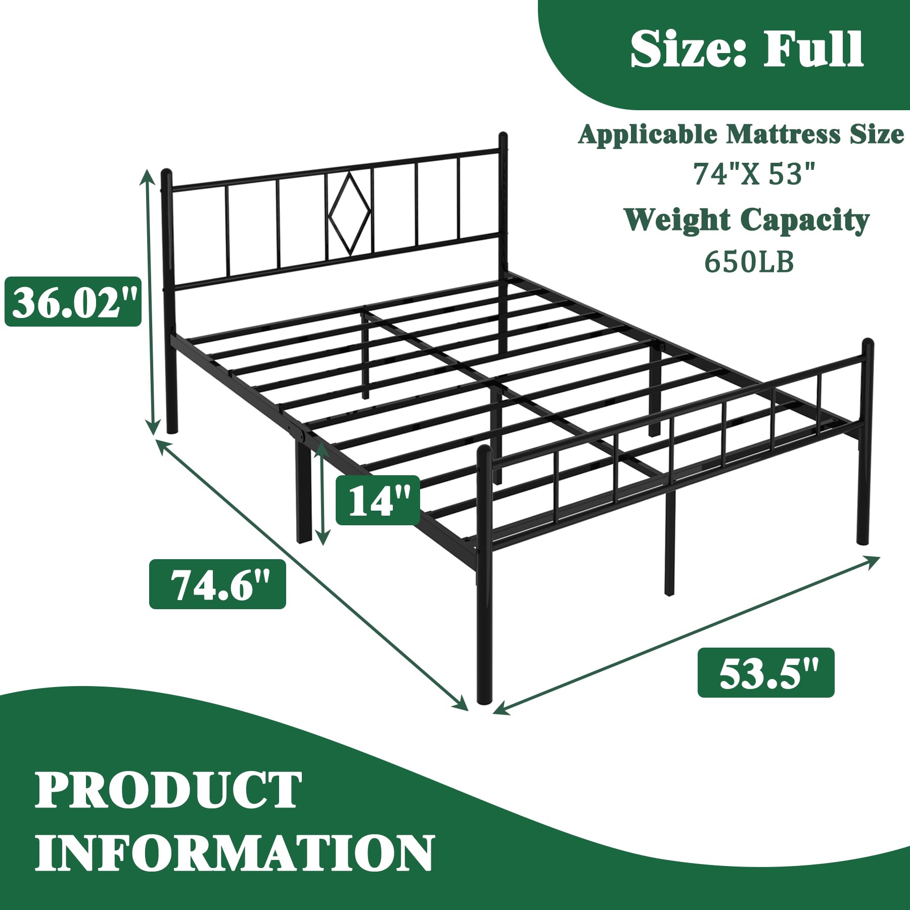 14 Inch Full Size Bed Frame with Headboard & Footboard - Sturdy Metal Slats, Under Bed Storage, No Box Spring Needed - Quiet & Easy Assembly, Black - Perfect for Small Spaces, Guest Rooms & Dormitories