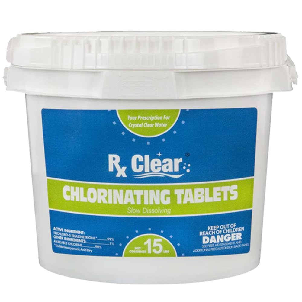 Rx Clear 1-Inch Stabilized Chlorine Tablets for Swimming Pools – Slow Dissolving, UV Protected, 15 lbs | Effective Bactericide, Algaecide & Disinfectant | Perfect for Pool Maintenance, Hot Tubs & Water Treatment