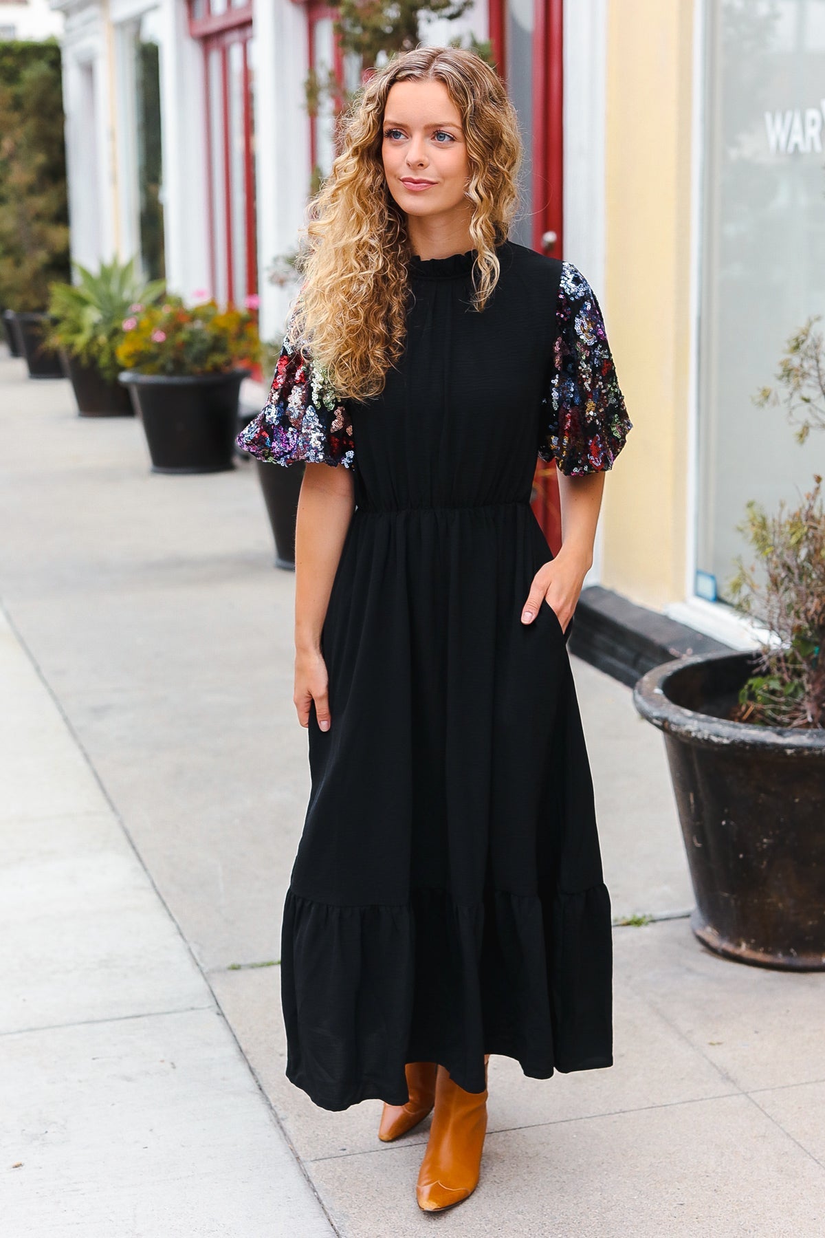 Elegant Black Floral Sequin Puff Sleeve Mock Neck Tiered Maxi Dress for Women - Perfect for Evening Parties, Weddings & Special Occasions