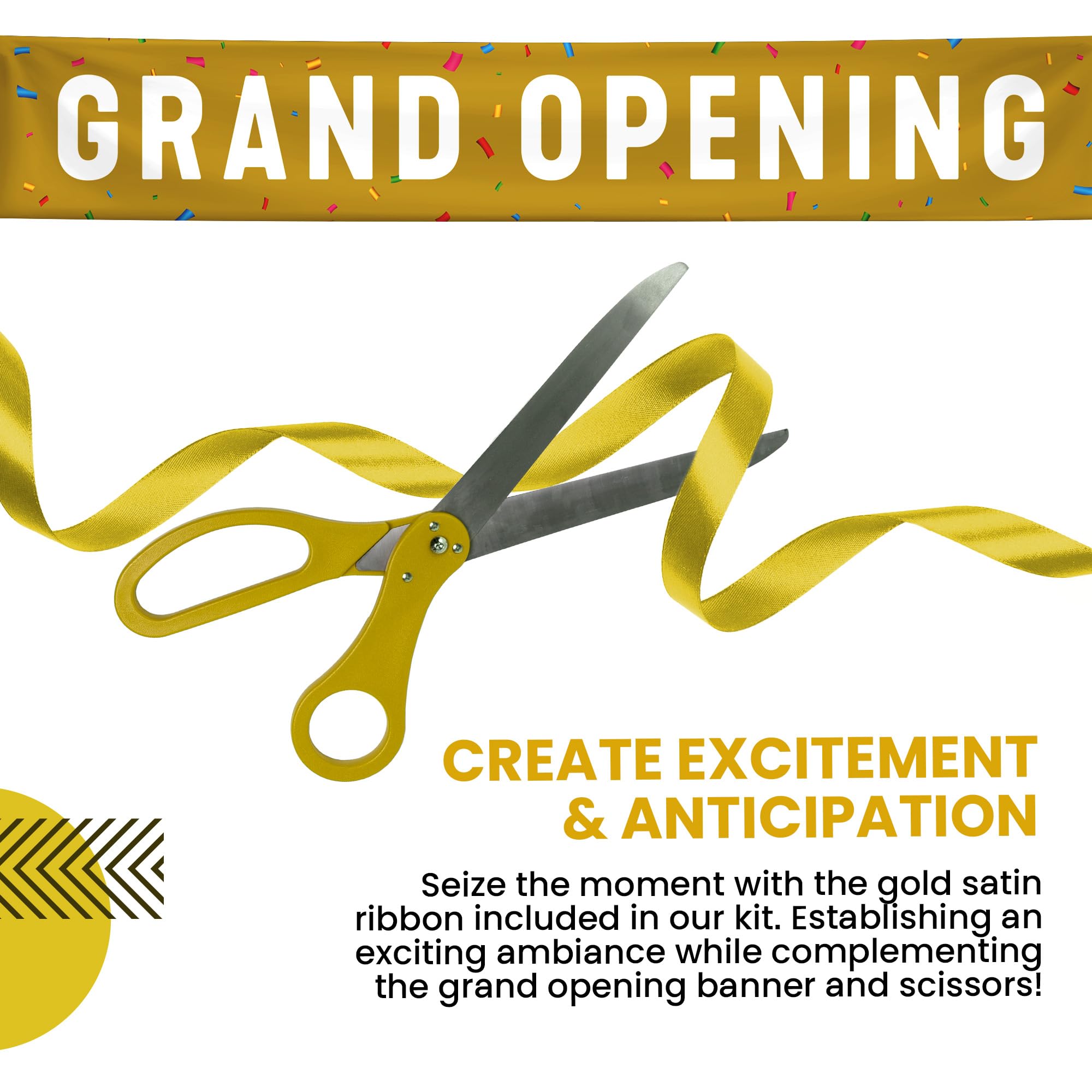 Nashira 25 Inch Giant Scissors with Gold Satin Ribbon - Heavy Duty Metal Ribbon Cutting Ceremony Kit for Grand Openings, Inaugurations & Special Events | Includes Banner & Balloons (Gold/White/Red) | Perfect for Store Openings, Business Launches & Corporate Events
