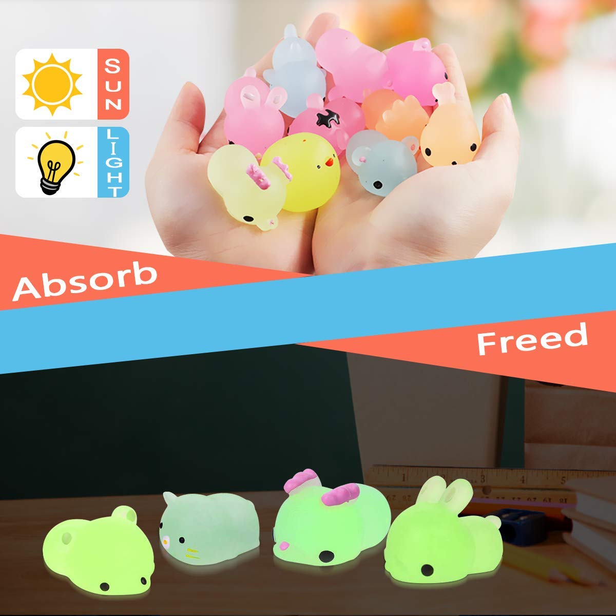 Glow in The Dark Mochi Squishy Toys - 30 Pack Mini Kawaii Cute Animal Stress Relief Squishies for Kids Party Favors, Birthday Gifts & Classroom Rewards - Includes Cat Squishy & Gift Box