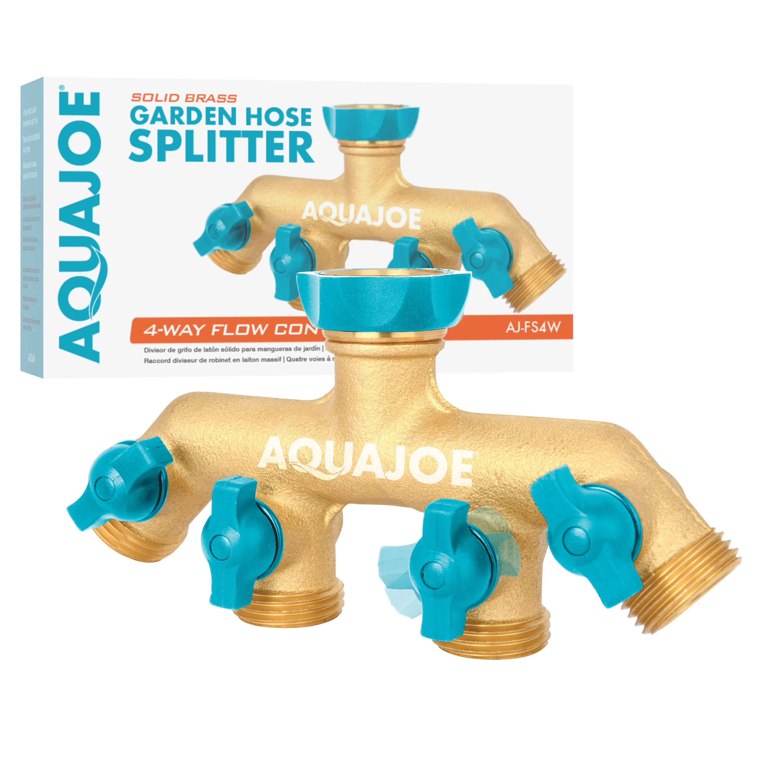 Aqua Joe AJ FS4W Solid Brass 4-Way Garden Hose Splitter - Heavy Duty Water Flow Divider for Lawn Irrigation, Car Washing & Outdoor Cleaning