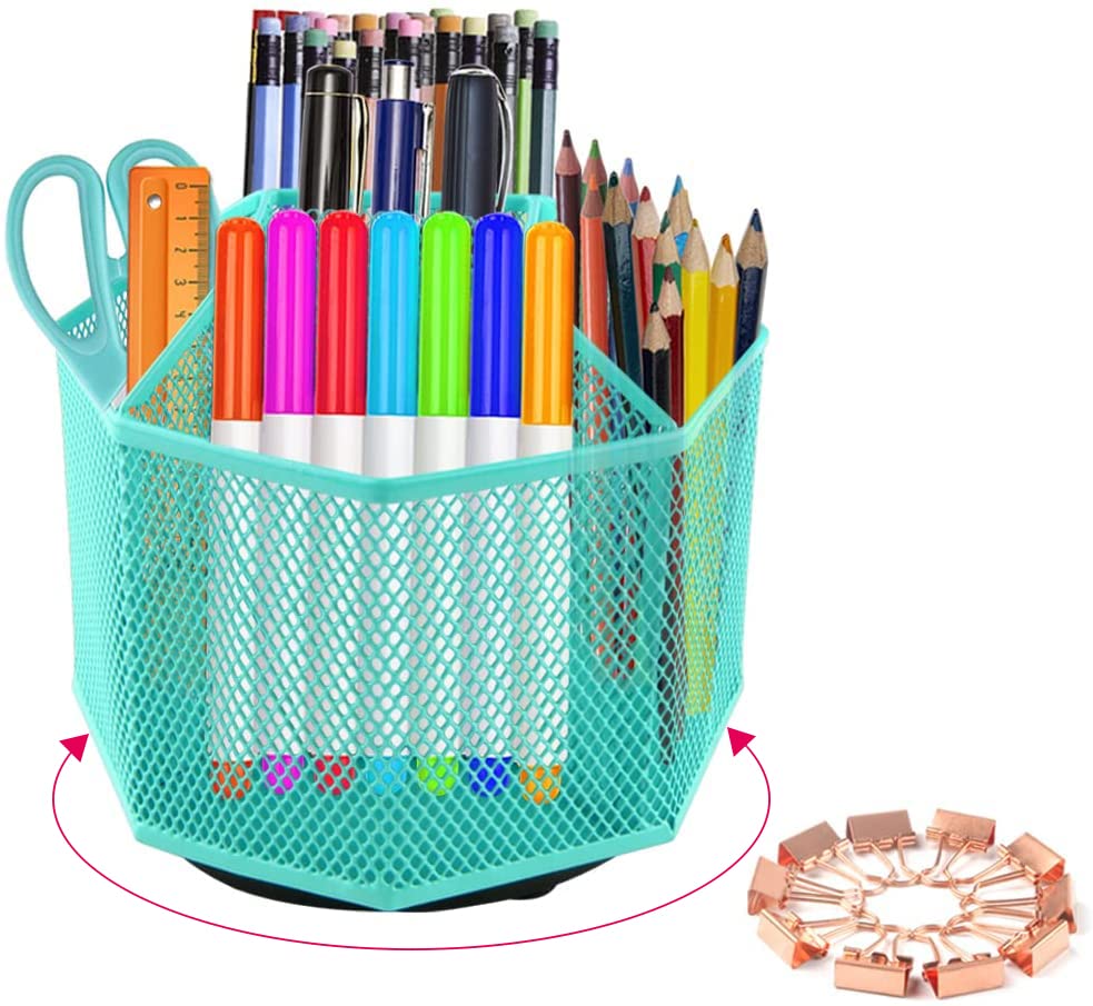 360° Rotating Pencil Holder with 5 Compartments & 10 Clips - Mesh Desk Organizer for Pens, Stationery & Office Supplies - Perfect for Home Office, School & Workspace Organization (Green)
