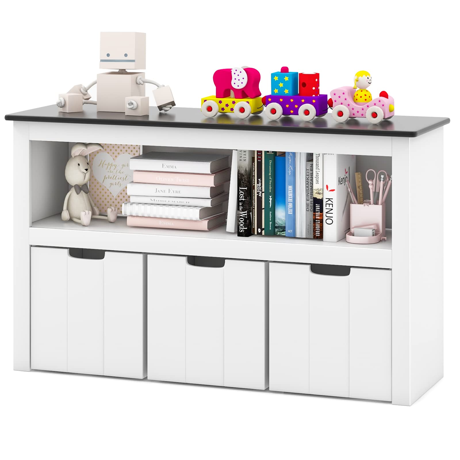 Costzon Kids Toy Storage Organizer - Wooden Toy Bin Chest with 3 Removable Drawers, Rolling Wheels & Large Open Shelf | Nursery, Playroom & Kindergarten Organization | Perfect for Toys, Books & Learning Supplies Storage