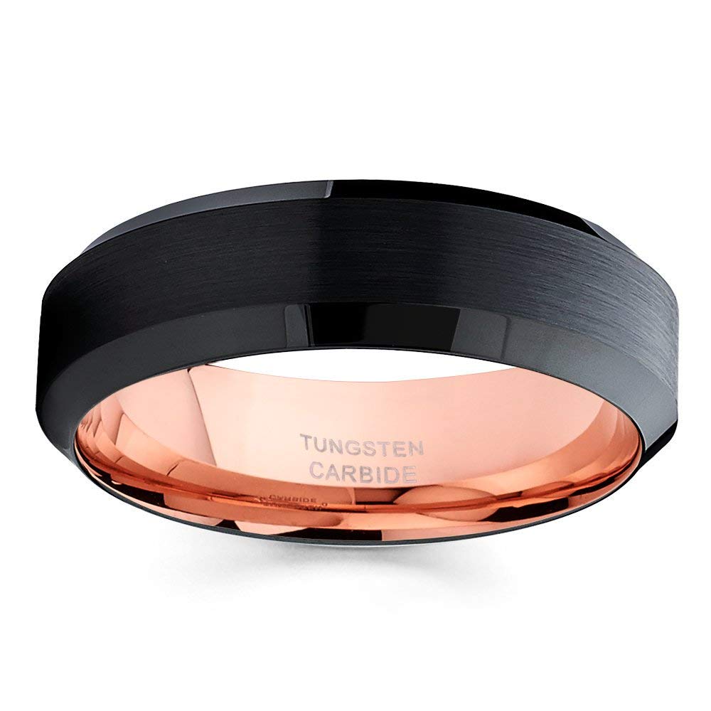 6mm Rose Gold Tungsten Wedding Band - 18k Rose Gold Plated Black Tungsten Ring for Men & Women - Comfort Fit Beveled Edge Anniversary Ring - Perfect for Weddings, Engagements & Special Occasions
