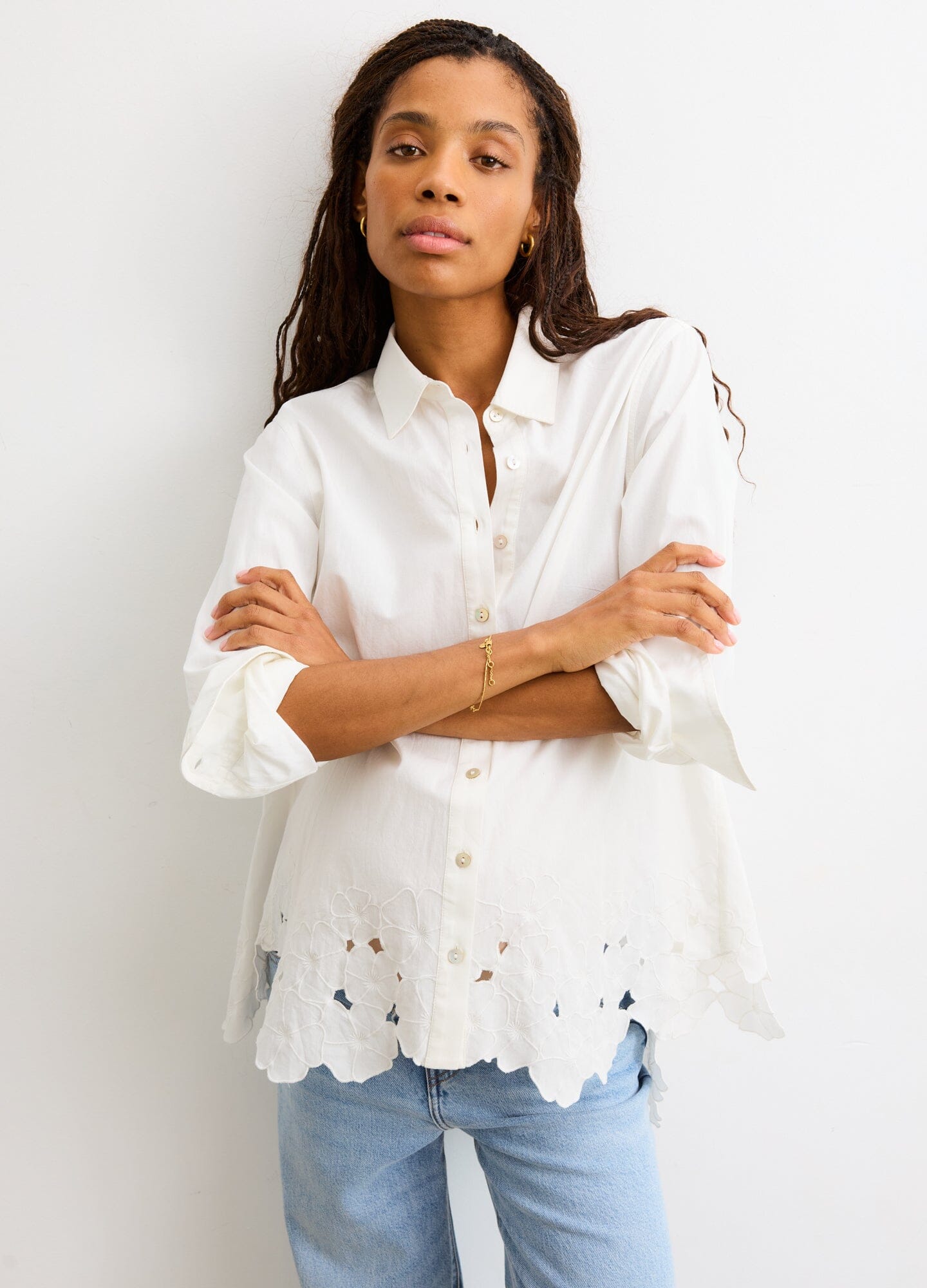 Floral Embroidered Classic Button Down Shirt for Women - Elegant Casual & Office Wear - Perfect for Spring, Summer, and Special Occasions