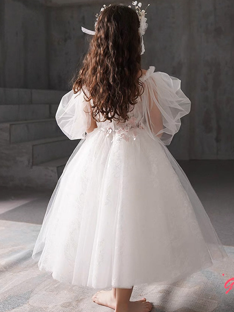 Elegant White Puff Sleeve Tulle Flower Girl Dress for Tea Party - Perfect for Weddings, Birthday Celebrations & Special Occasions