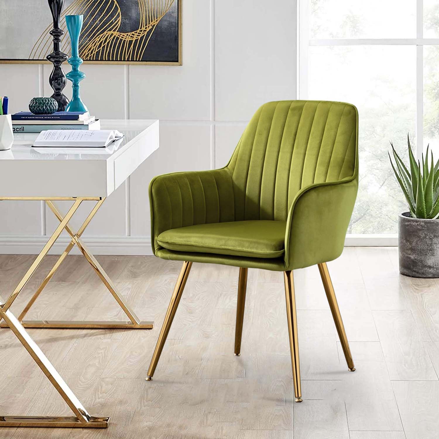 Altrobene Modern Accent Chair - Golden Finished Grassy Green Home Office Desk Chair & Kitchen Dining Chair | Perfect for Living Room, Bedroom & Makeup Vanity (Elegant Seating Solution for Home Decor)