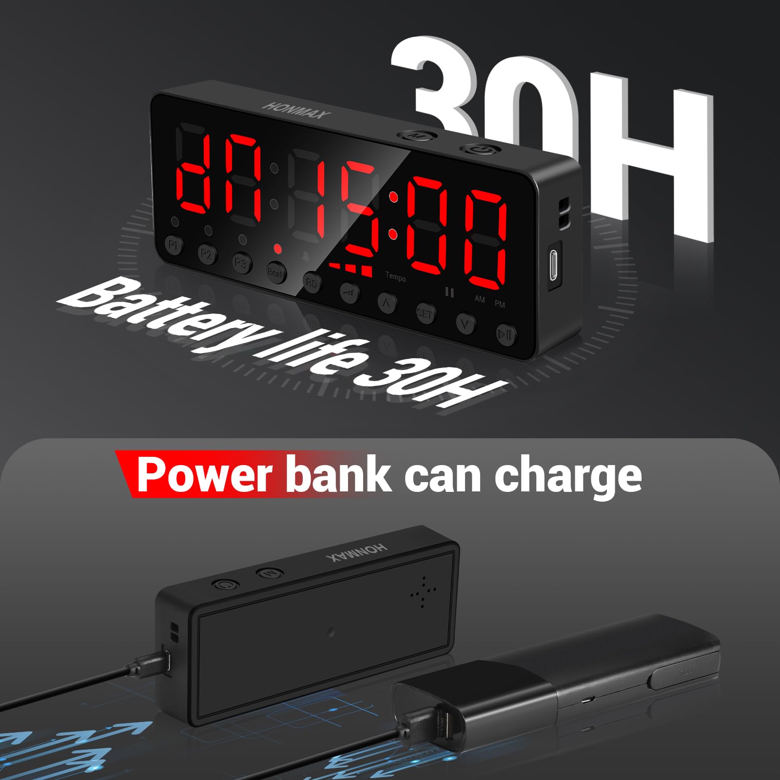 HONMAX Portable Gym Timer with Large LED Display - Digital Fitness Timer for Home, Garage & Workout - Built-in Strong Magnet, Lithium Battery & Beat Function - Anti-Vertigo Design (Black) - Perfect for CrossFit, HIIT, Boxing & Interval Training