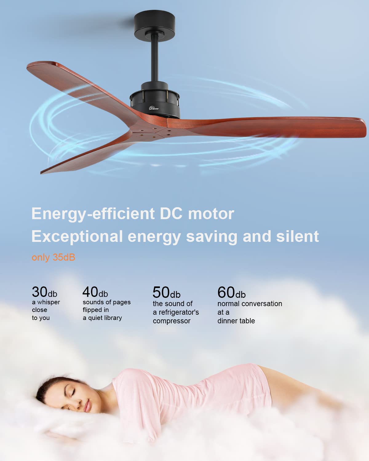 60 Inch Solid Wood Ceiling Fan with Remote - No Lights, Low Profile Flush Mount in Yellow White - 3 Blade Indoor/Outdoor Ceiling Fan with 3 Downrods - Perfect for Living Room, Farmhouse, Patio, Bedroom & Office