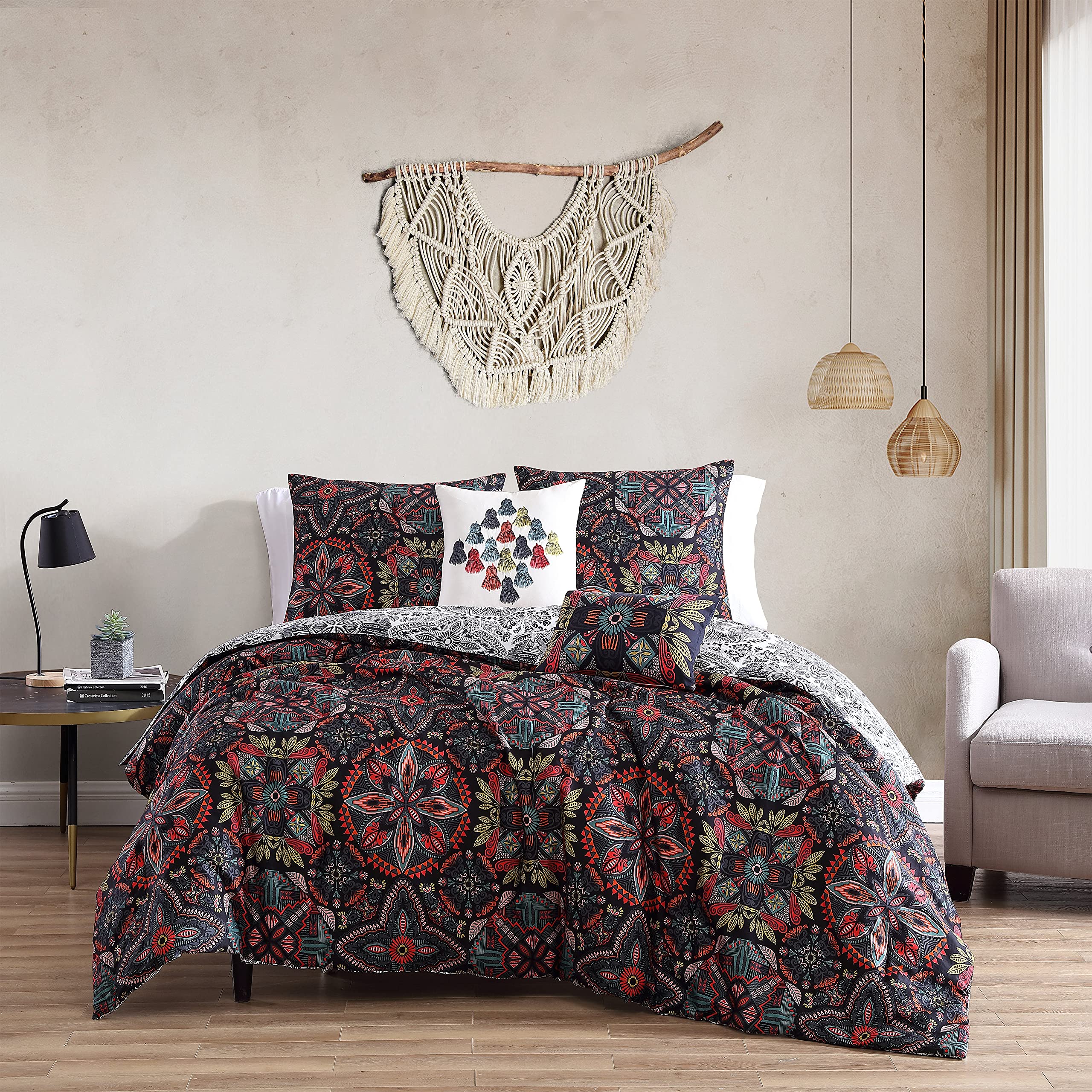 Bebejan Vivvie 100% Cotton Sateen 230 Thread Count 5-Piece Comforter Set - Reversible Modern Medallion Design in Black, White, Red & Blue | Includes 1 Comforter, 2 Shams & 2 Pillowcases | Full/Queen Size Bedding Set for Luxurious Comfort & Stylish Bedroom Decor