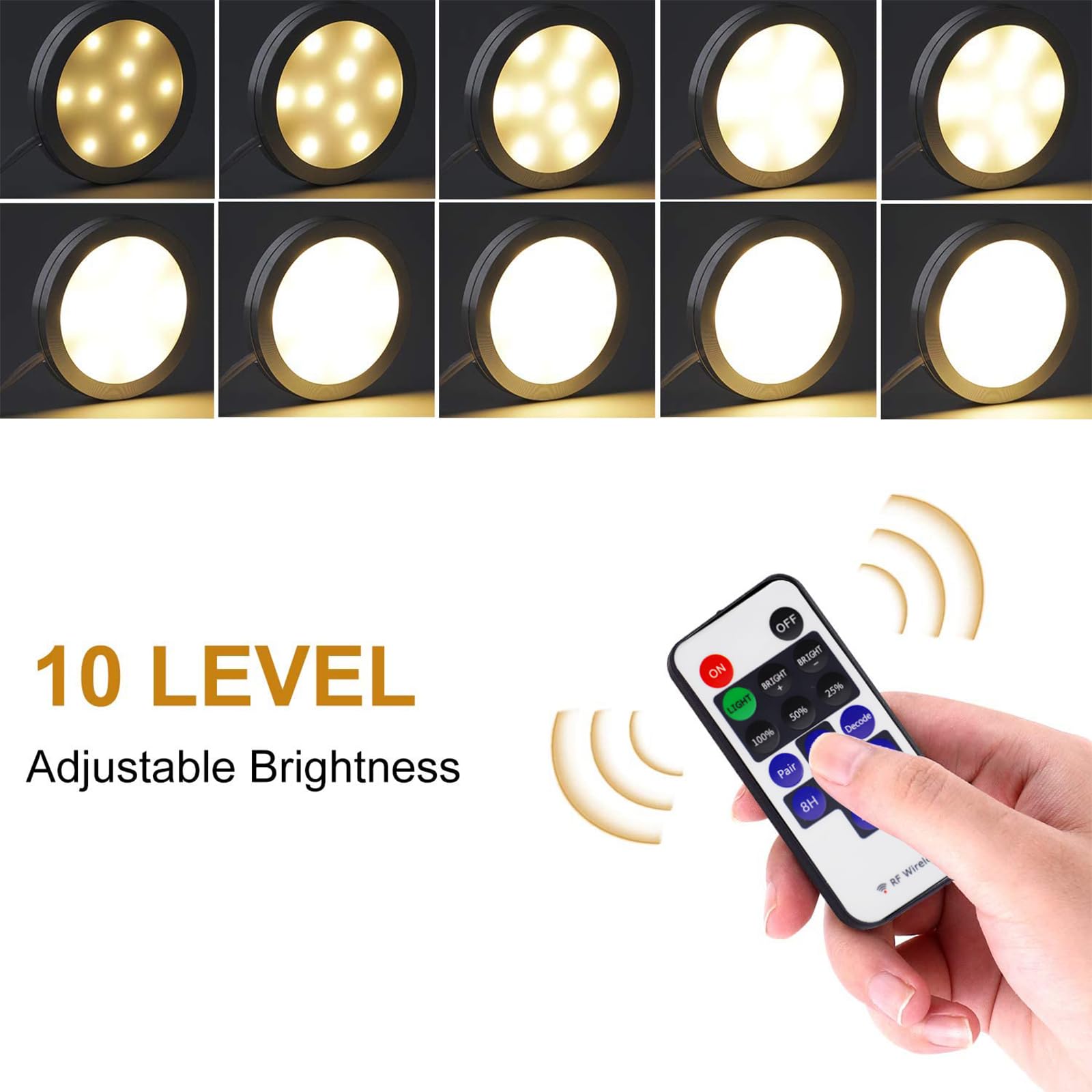 AIBOO Linkable 12V Slim LED Under Cabinet Lights - Dimmable Puck Lighting with RF Remote, Direct Wired for Kitchen, Closet & Shelf Accent (4 Pack, Warm White, No Wall Plug Included) - Perfect for Home, Office & Retail Display Lighting