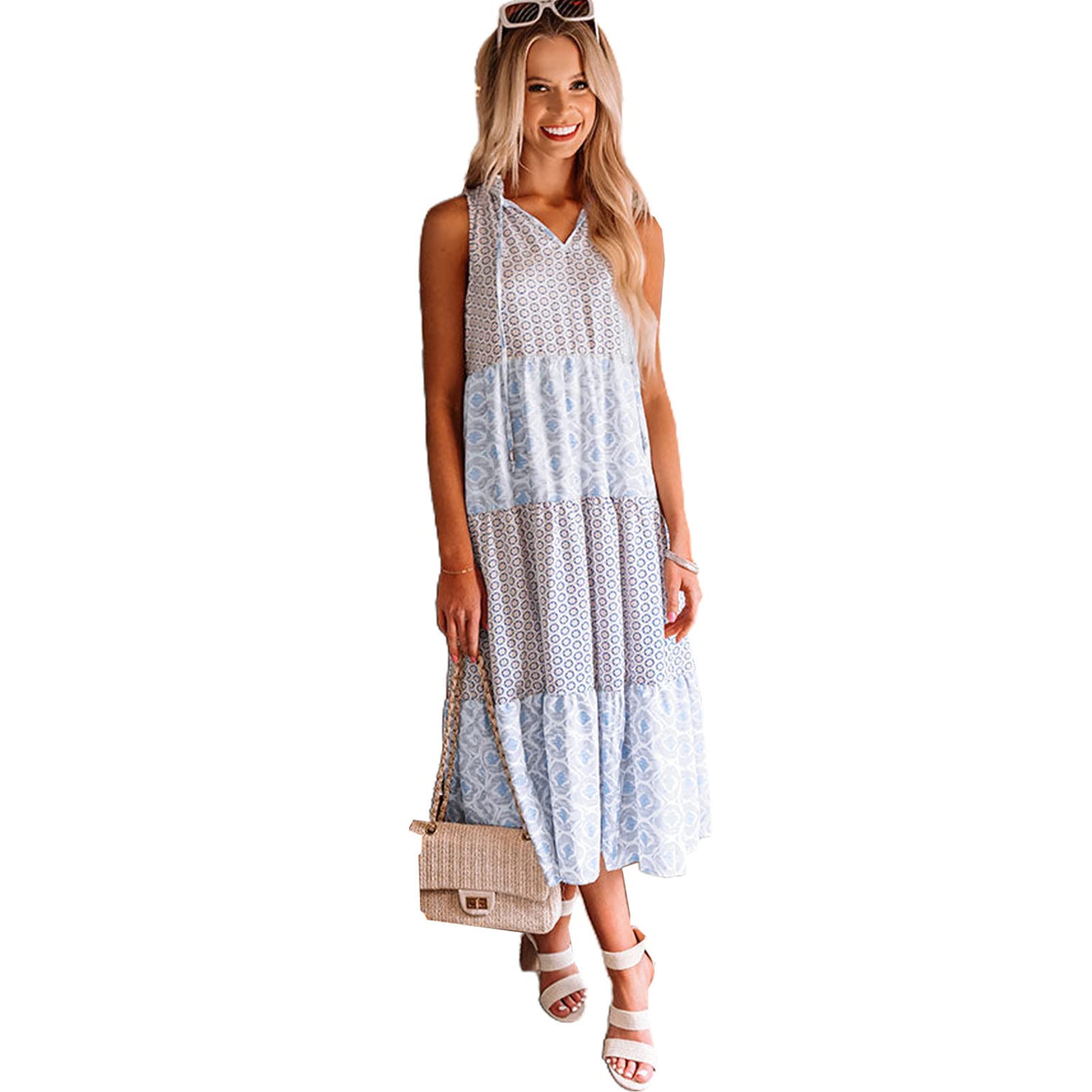 2022 Women's Summer Dresses - Abstract Print Split Neck Sleeveless Maxi Dress in Sky Blue, Size L | Perfect for Beach Vacations, Pool Parties & Summer Weddings