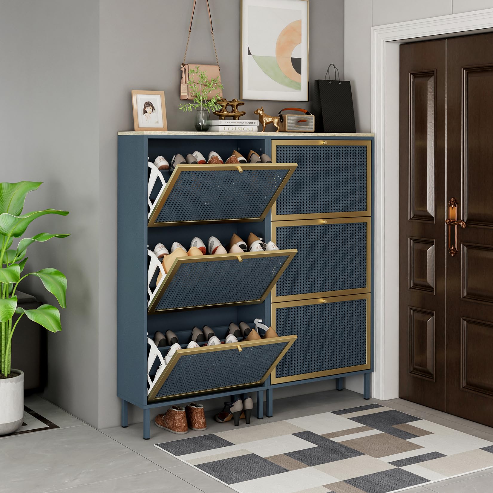 Modern 3-Tier Metal Rattan Shoe Rack Organizer - Freestanding Entryway Shoe Storage Cabinet for Hallway, Living Room & Bedroom - Space-Saving Blue Shoe Shelf for Home Organization