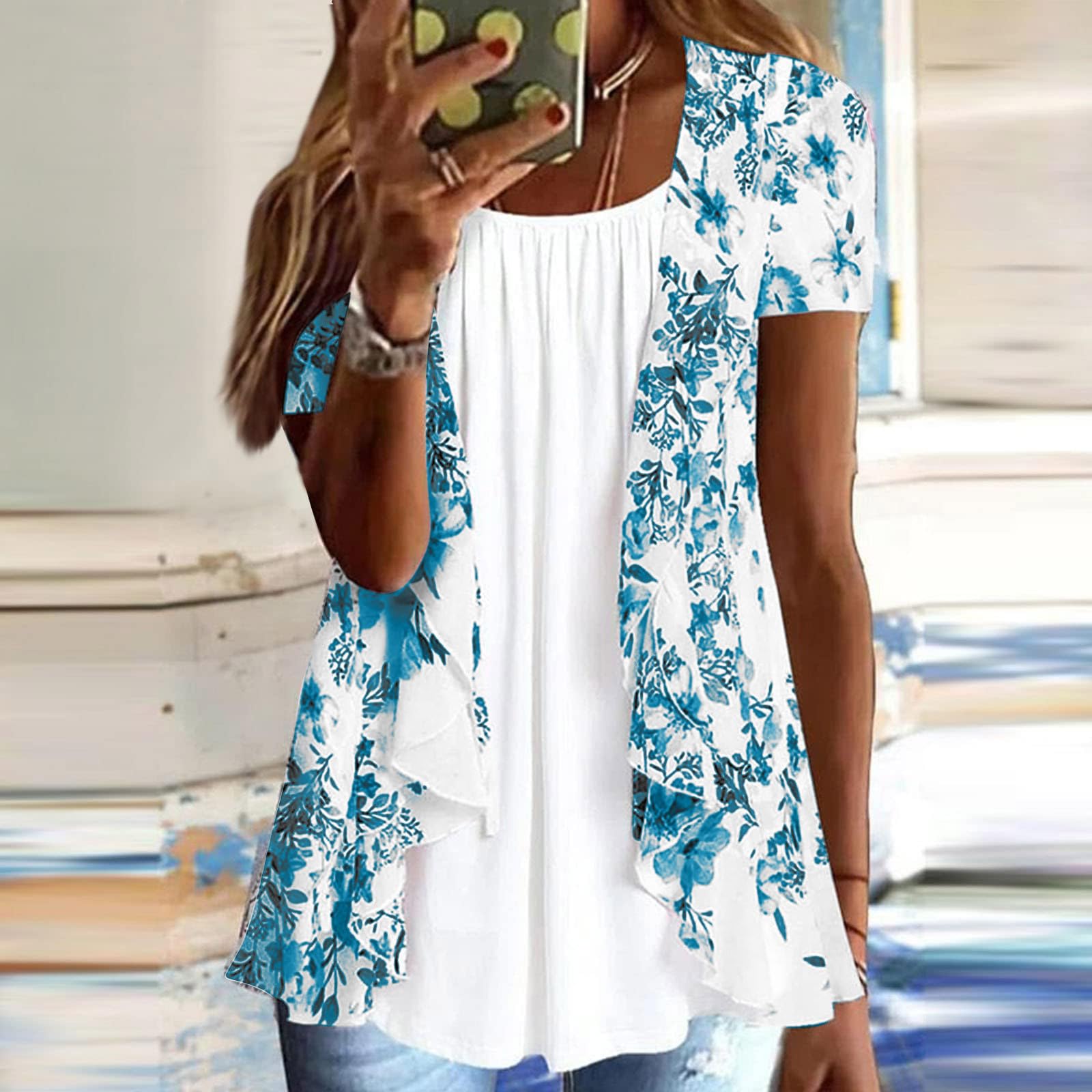 Trendy 2024 Plus Size Women's Short Sleeve Pleated Tunic Blouse - Fake Two Piece Casual Summer Top for Going Out, Dating & Office Wear