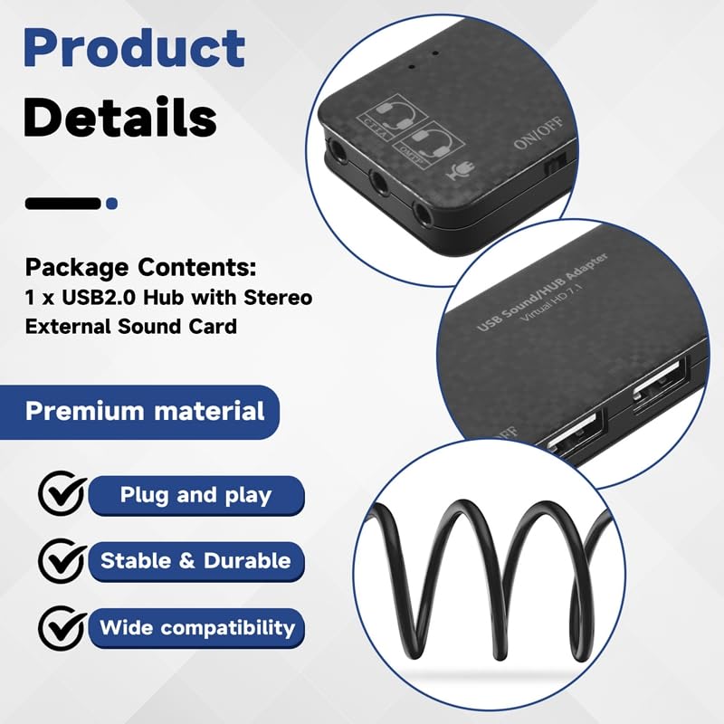 iFutniew 3-Port USB 2.0 Hub with 7.1 Channel External Sound Card - Headset & Microphone Adapter for PC (Black) - Perfect for Gaming, Streaming & Conference Calls