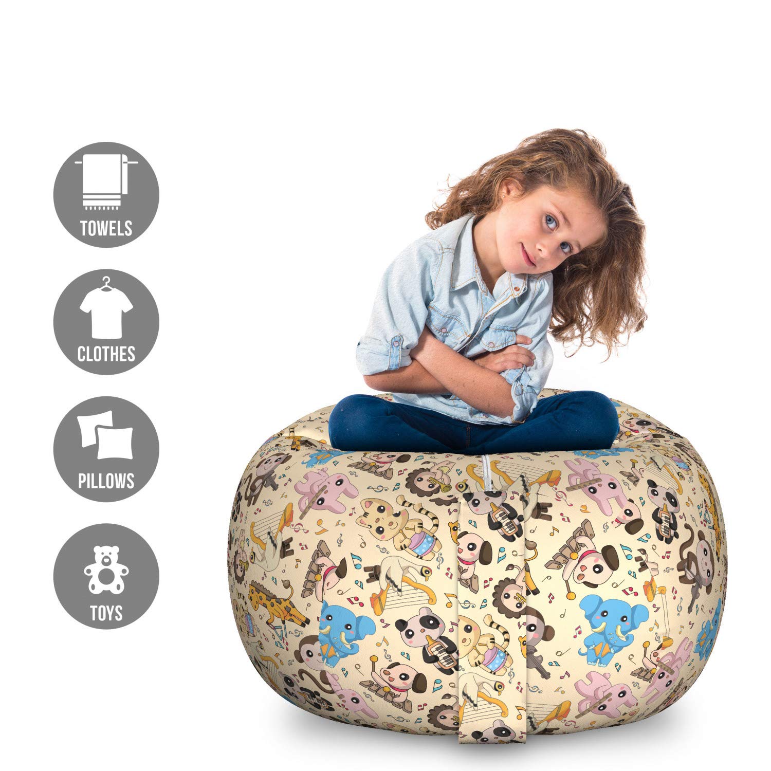 Ambesonne Cartoon Animal Toy Storage Bag Chair - Large Washable Stuffed Animal Organizer with Playful Musician Animals, Instruments & Concert Theme - Perfect for Kids' Room, Nursery, Playroom & Organizing Toys (Multicolor)